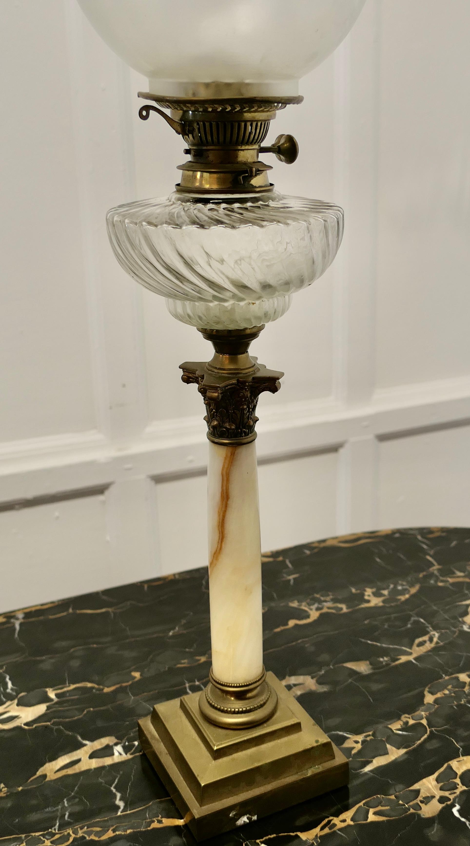 Glass Oil Lamp on Marble Column with a Stepped Brass Base In Good Condition For Sale In Chillerton, Isle of Wight