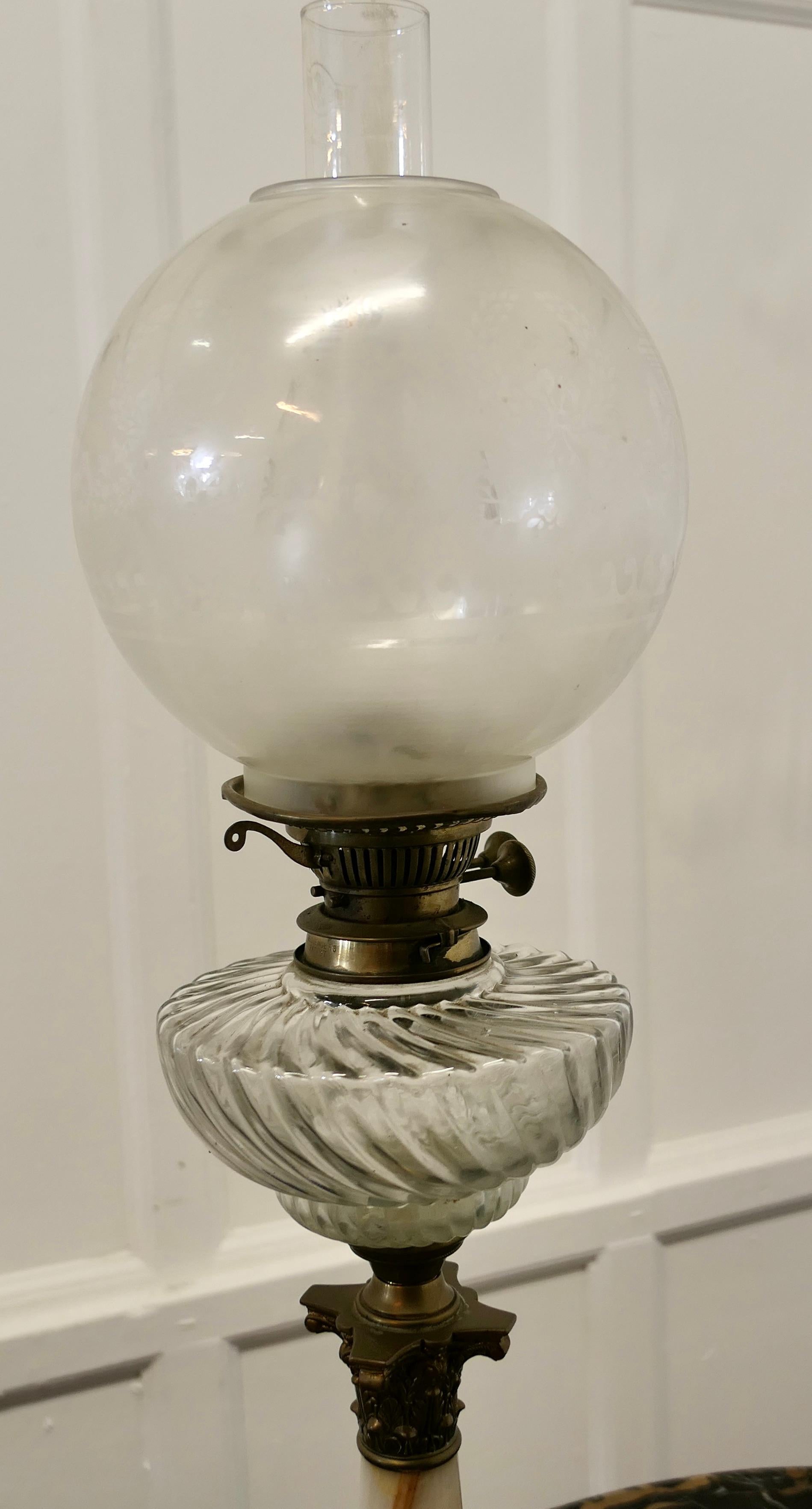 19th Century Glass Oil Lamp on Marble Column with a Stepped Brass Base For Sale