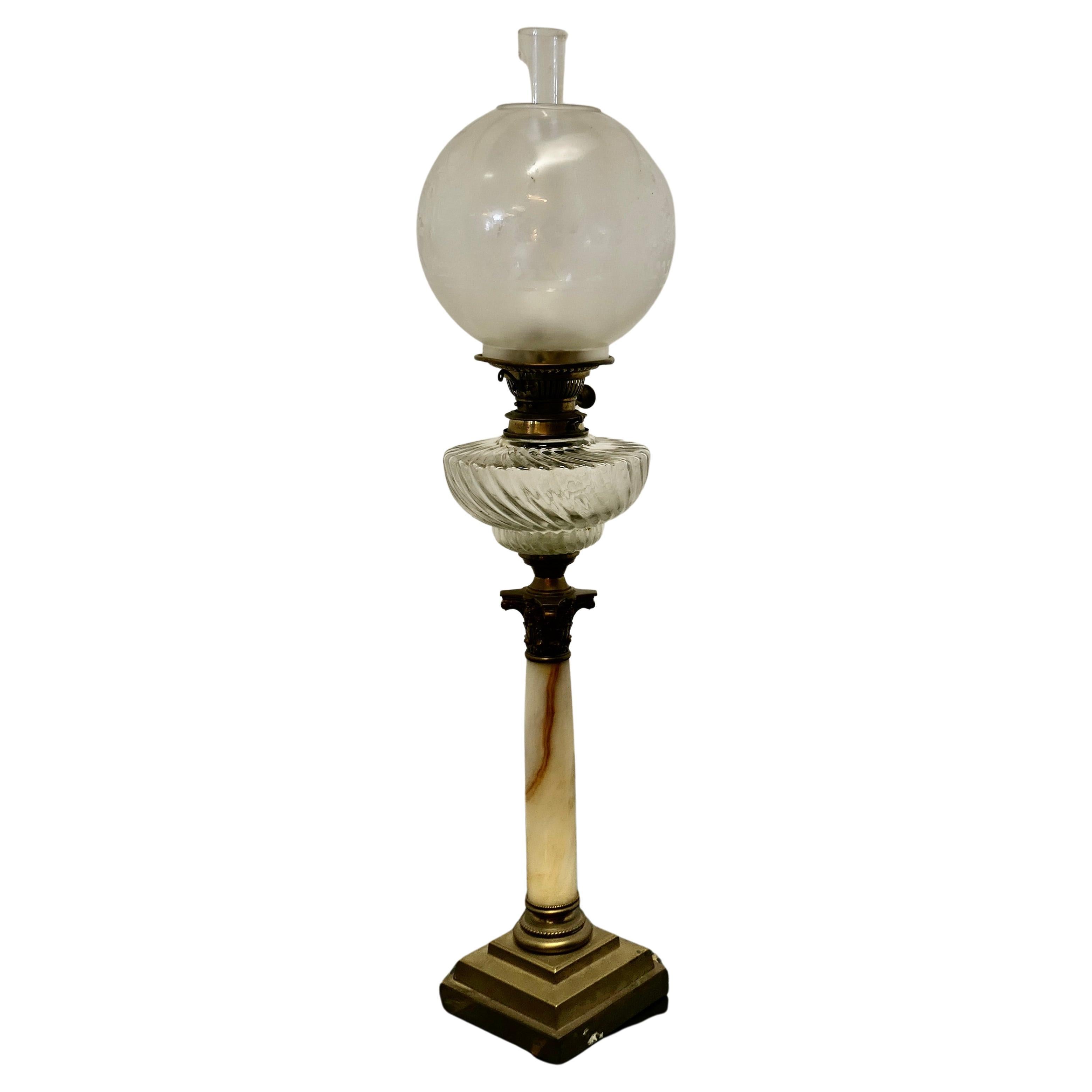 Glass Oil Lamp on Marble Column with a Stepped Brass Base For Sale