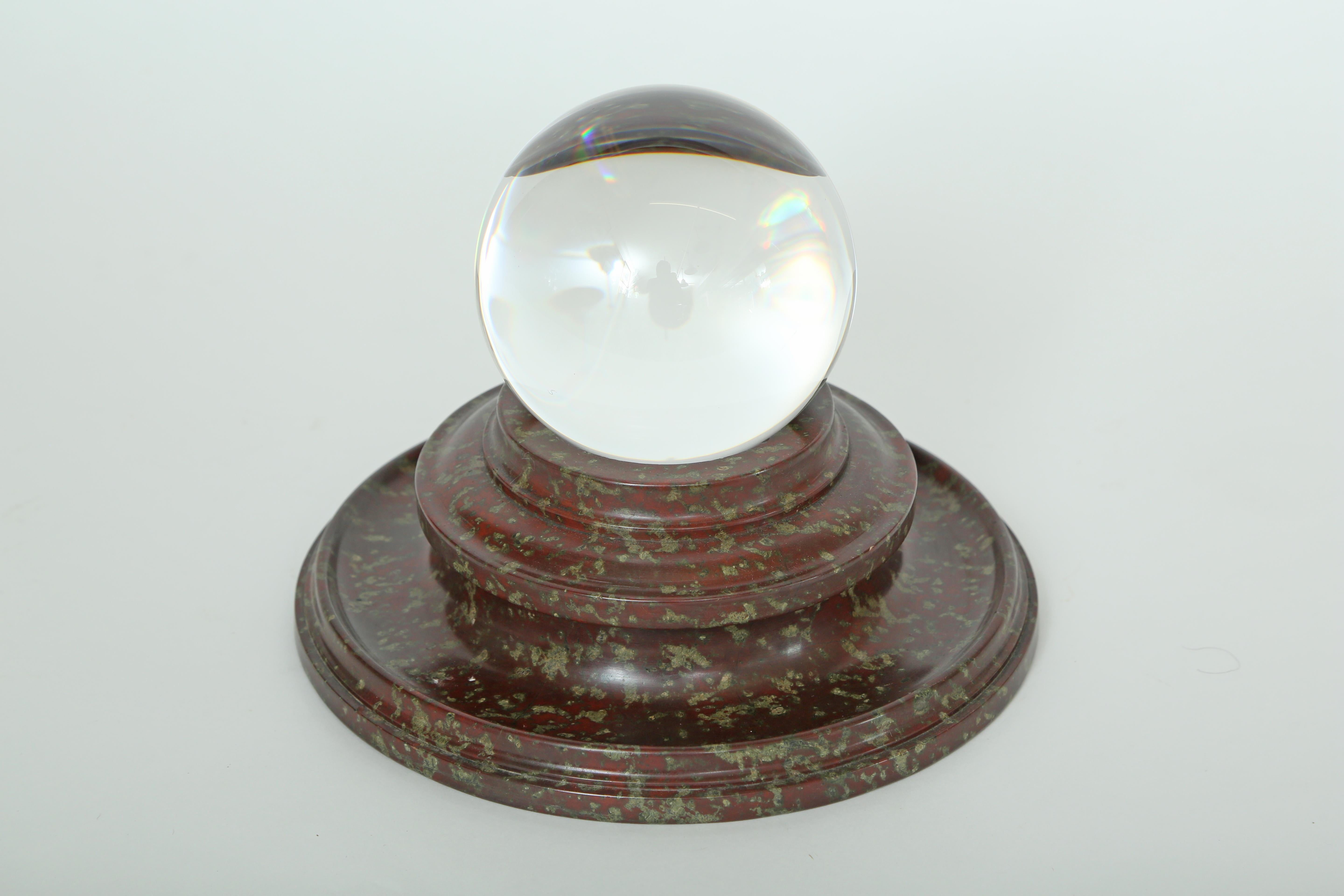 Lathe turned marble stand with crystal orb. A great table decoration for a man's desk or in a library, den and so on.
...... or perhaps you can tell the future by gazing into this crystal ball.