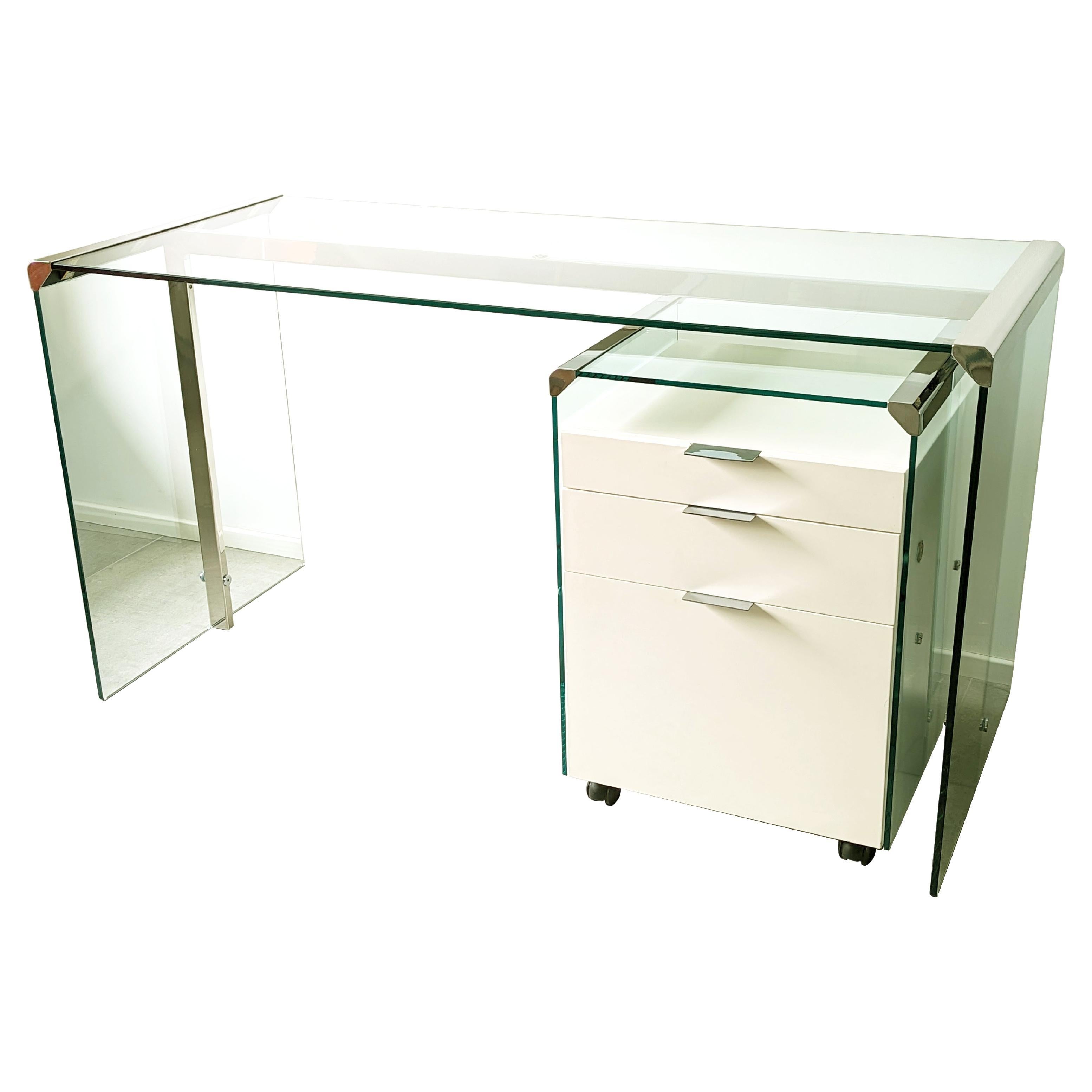 Schreibtisch aus Glas, lackiertem Holz und verchromtem Metall 1990er Jahre by Gallotti & Radice im Angebot