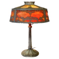 Antique Glass Panel Art Nouveau Table Lamp With Filigree Landscapes