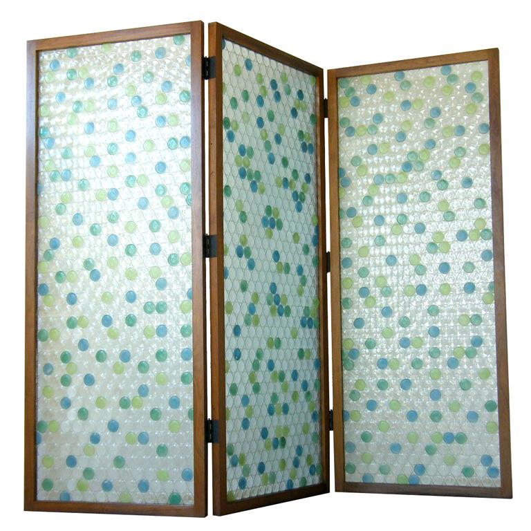 Three Panel Walnut Frame Screen with Circles Pattern Molded Glass Painted Dots