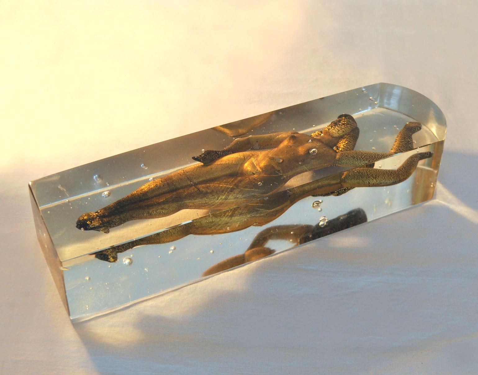 Female torso in glass block paperweight with a nude women in black glass and gold flakes applied over black, floating inside clear glass.

Ref, Roberto Aloi, Esempi, Verti d’ Oggi, Mainland 1955, p. 61, Macc Heiremans Murano Glass, Themes and