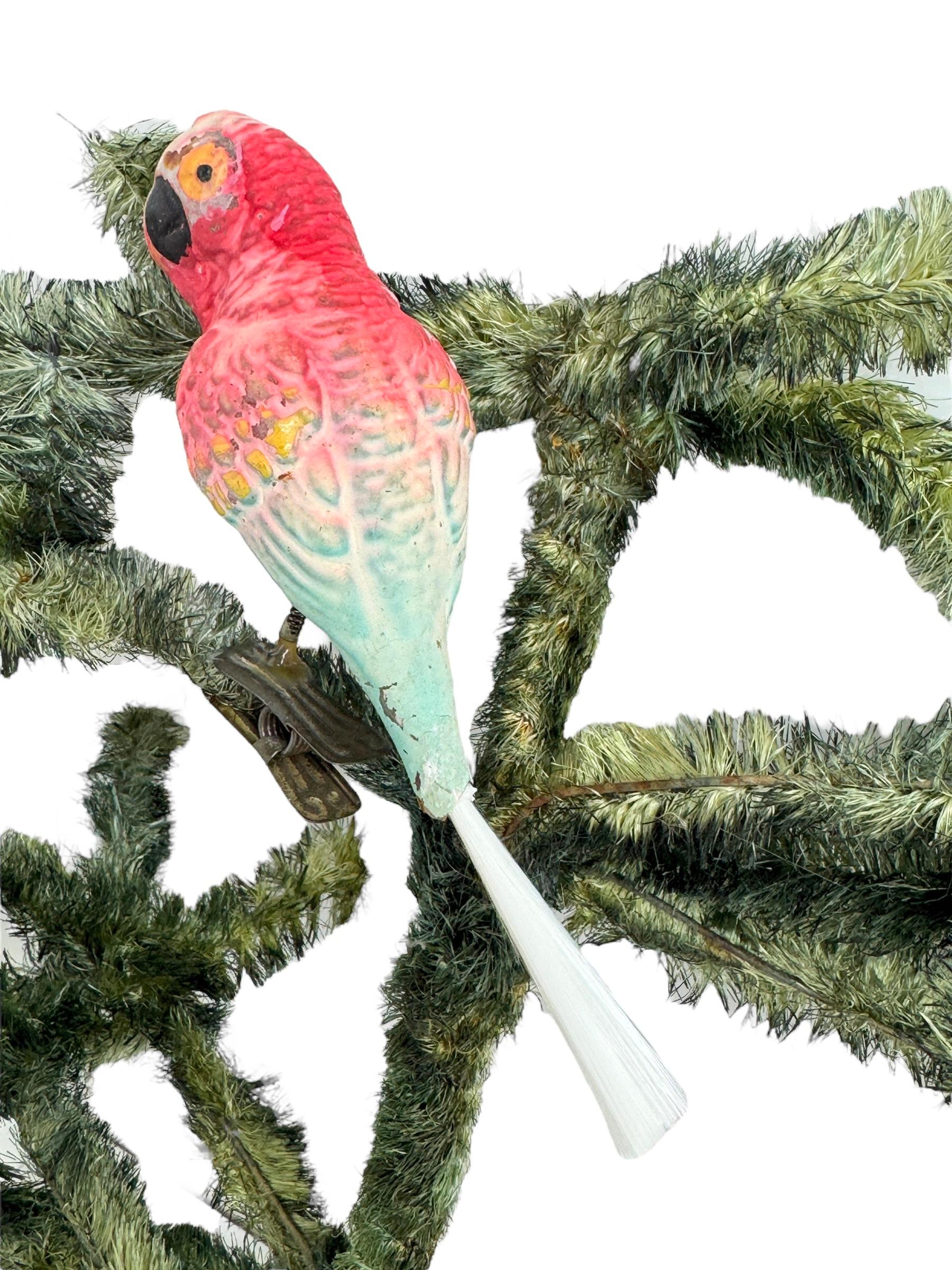Folk Art Glass Parrot Bird Christmas Tree Clip-On Ornament, Vintage, German, 1900s For Sale
