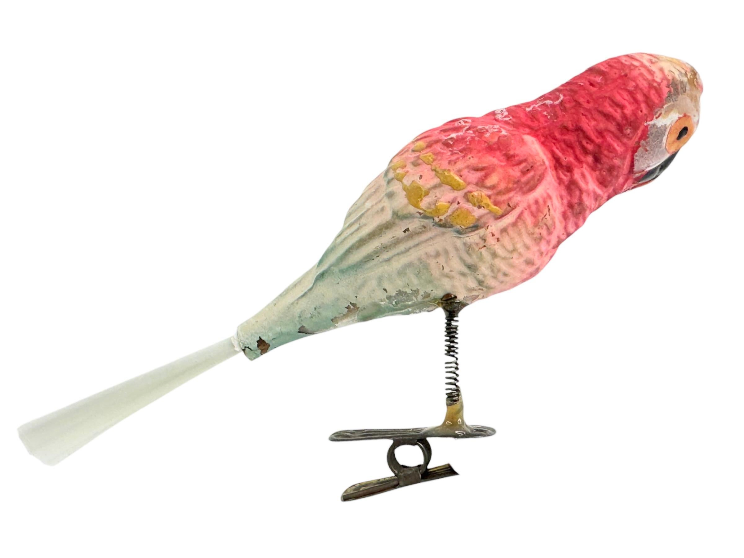 20th Century Glass Parrot Bird Christmas Tree Clip-On Ornament, Vintage, German, 1900s For Sale
