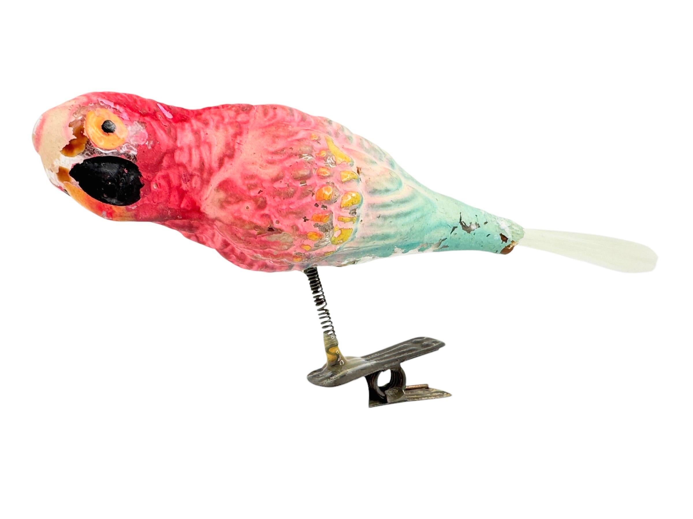 Glass Parrot Bird Christmas Tree Clip-On Ornament, Vintage, German, 1900s For Sale 1
