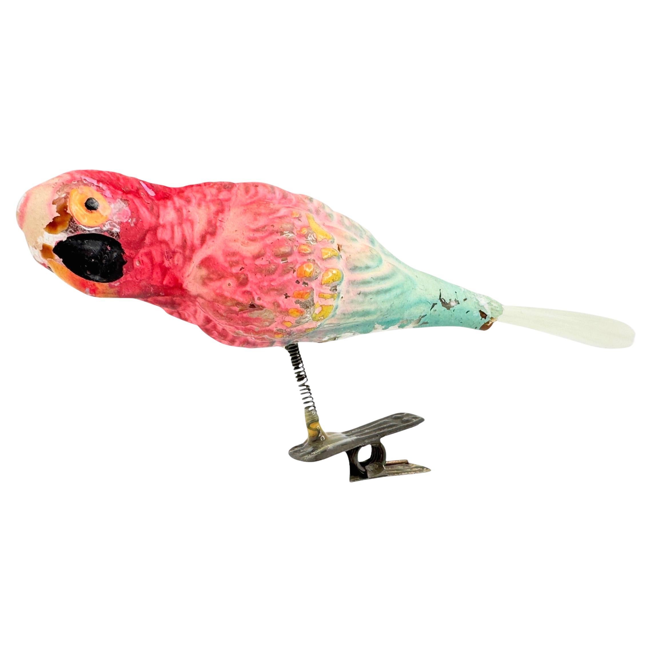 Glass Parrot Bird Christmas Tree Clip-On Ornament, Vintage, German, 1900s