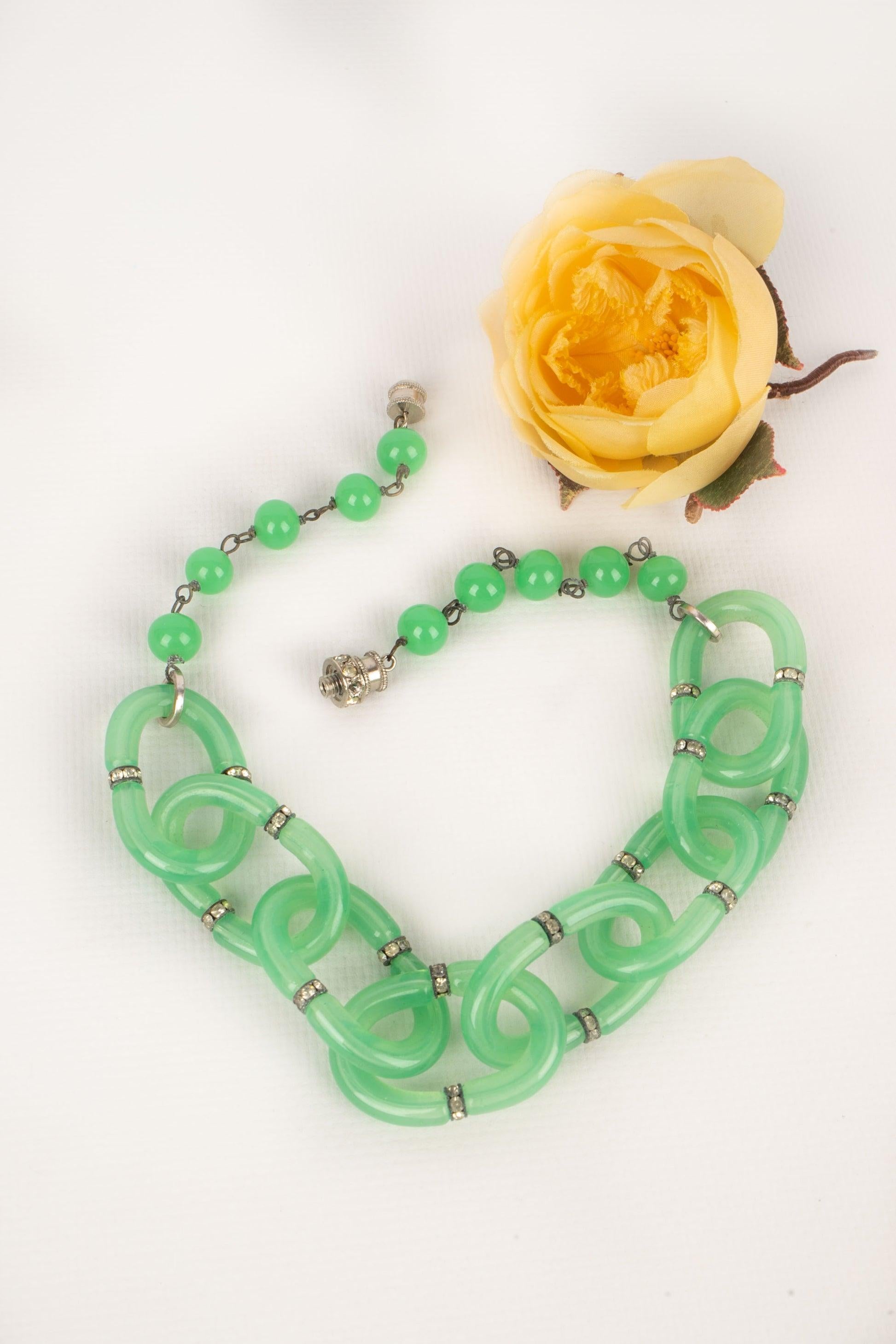 Glass Paste Necklace with Silvery Metal and Rhinestones, 1930s For Sale 3