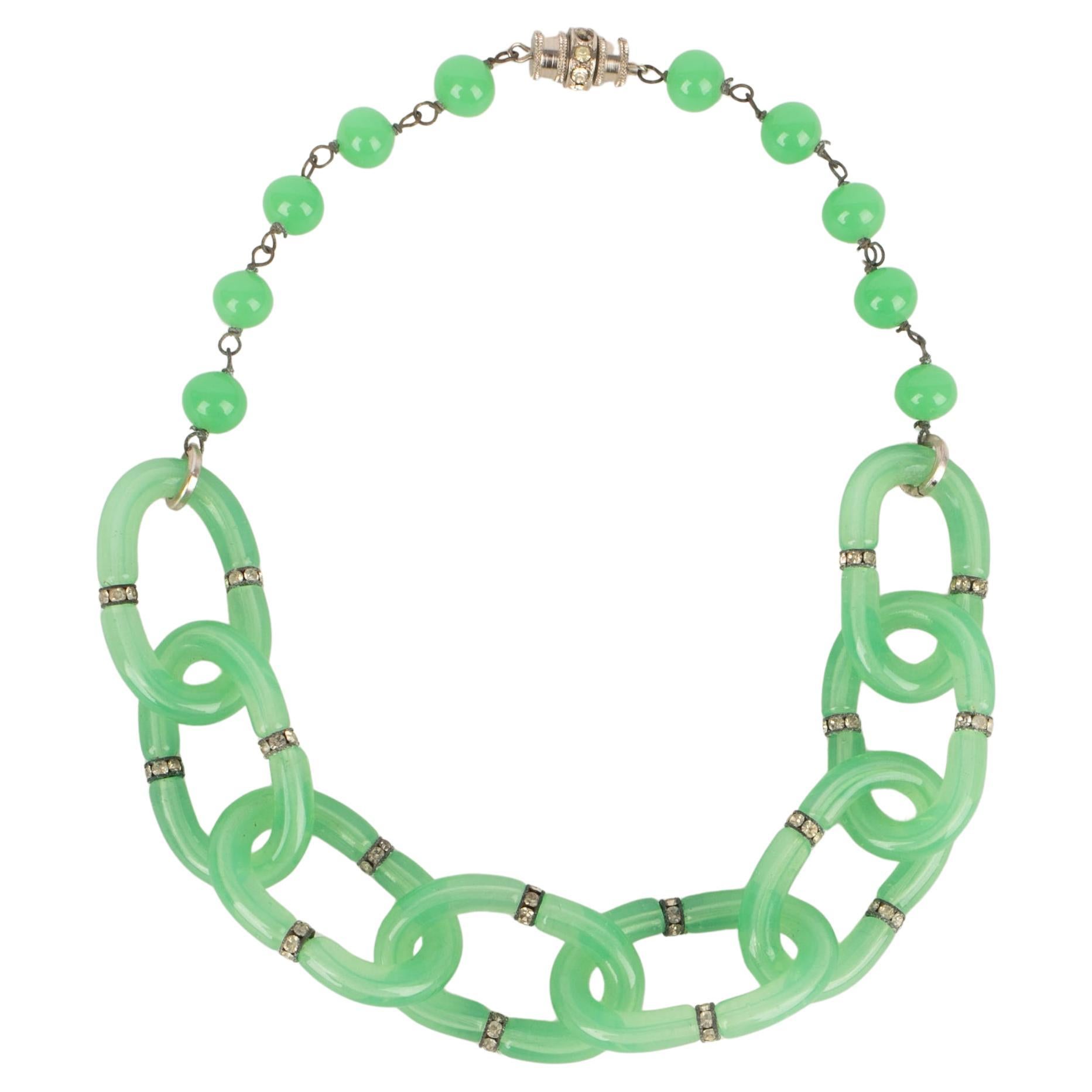 Glass Paste Necklace with Silvery Metal and Rhinestones, 1930s For Sale