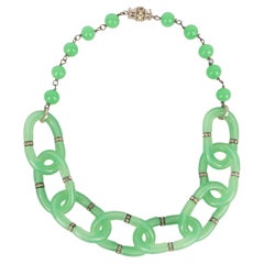 Glass Paste Necklace with Silvery Metal and Rhinestones, 1930s