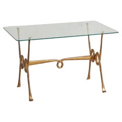 Glass + Patinated Brass Coffee Table with Loop Details, Italy 1960s
