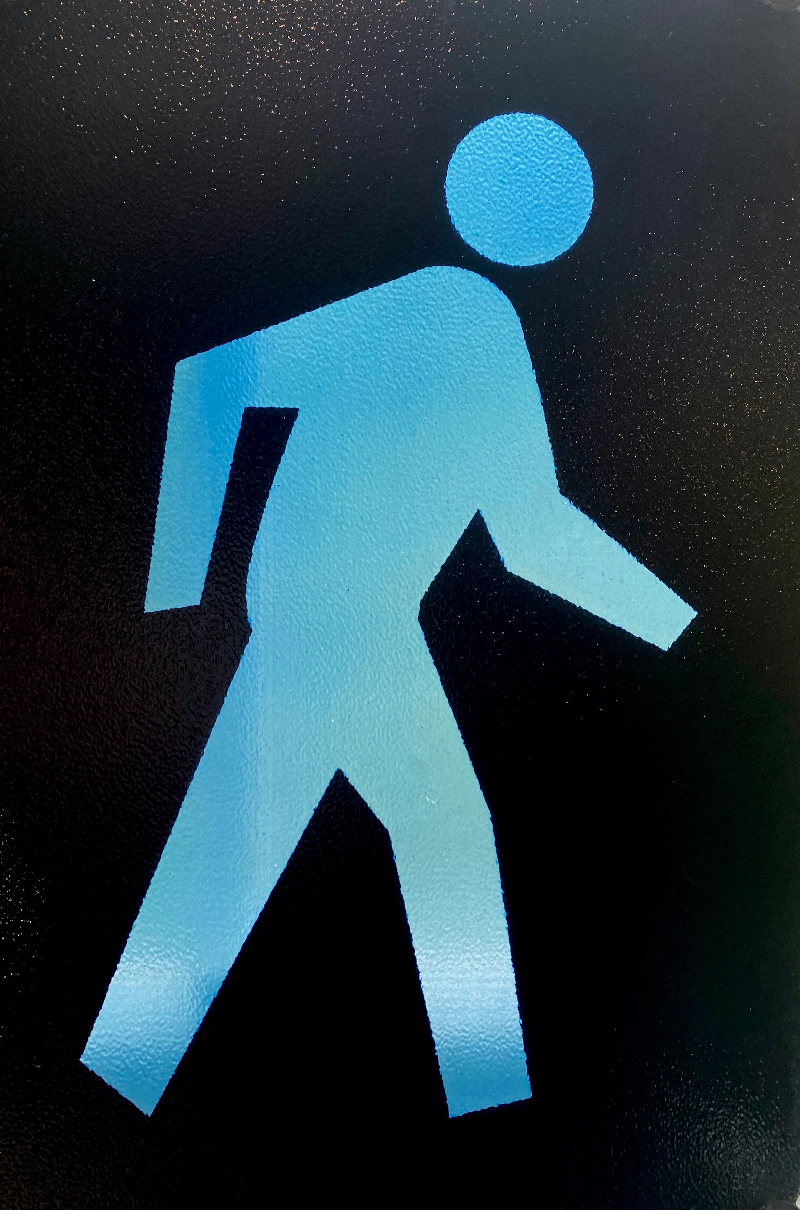 Colorful Pop Art Pedestrian Crossing sign on glass. Found vintage art at it's best! Front has 4 small rubber elements and back has rubber edging. Final shot on white which is not backlit just shows the front holding elements and color is slightly