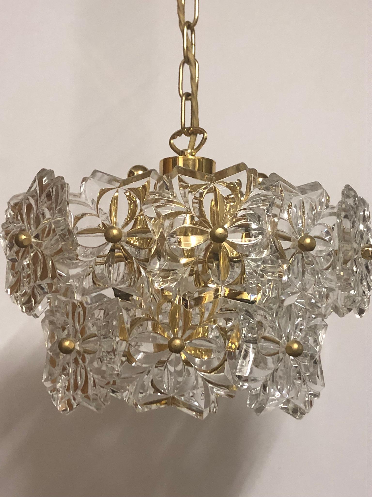 Mid-Century Modern Glass Pendant by Kinkeldey, Brass and Flower Crystal, circa 1960s