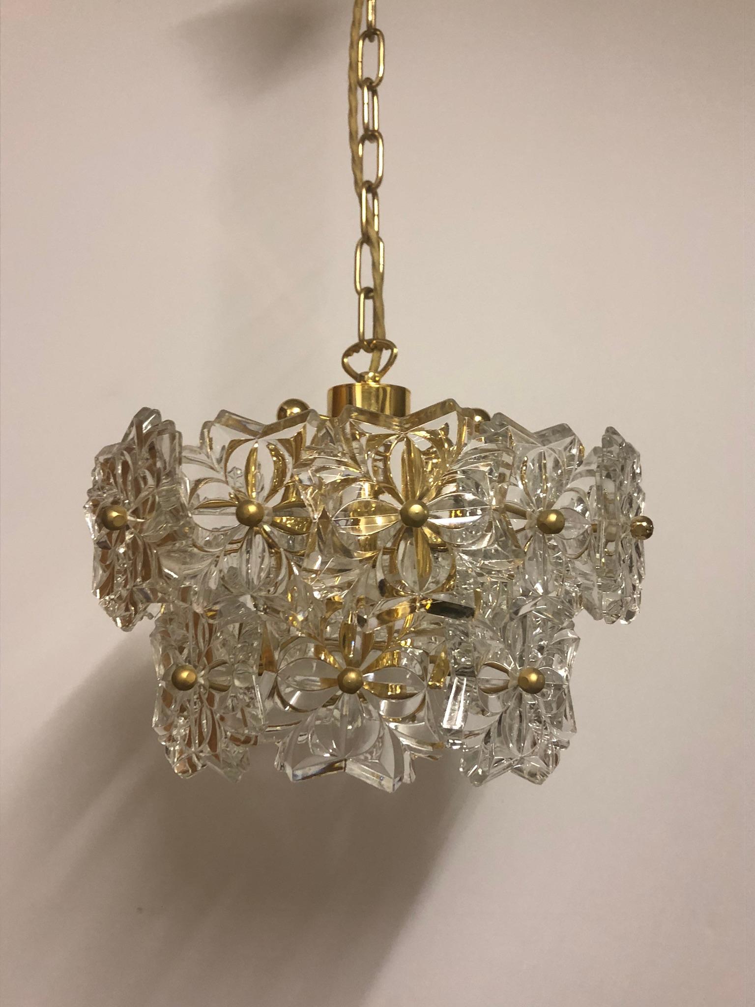 German Glass Pendant by Kinkeldey, Brass and Flower Crystal, circa 1960s