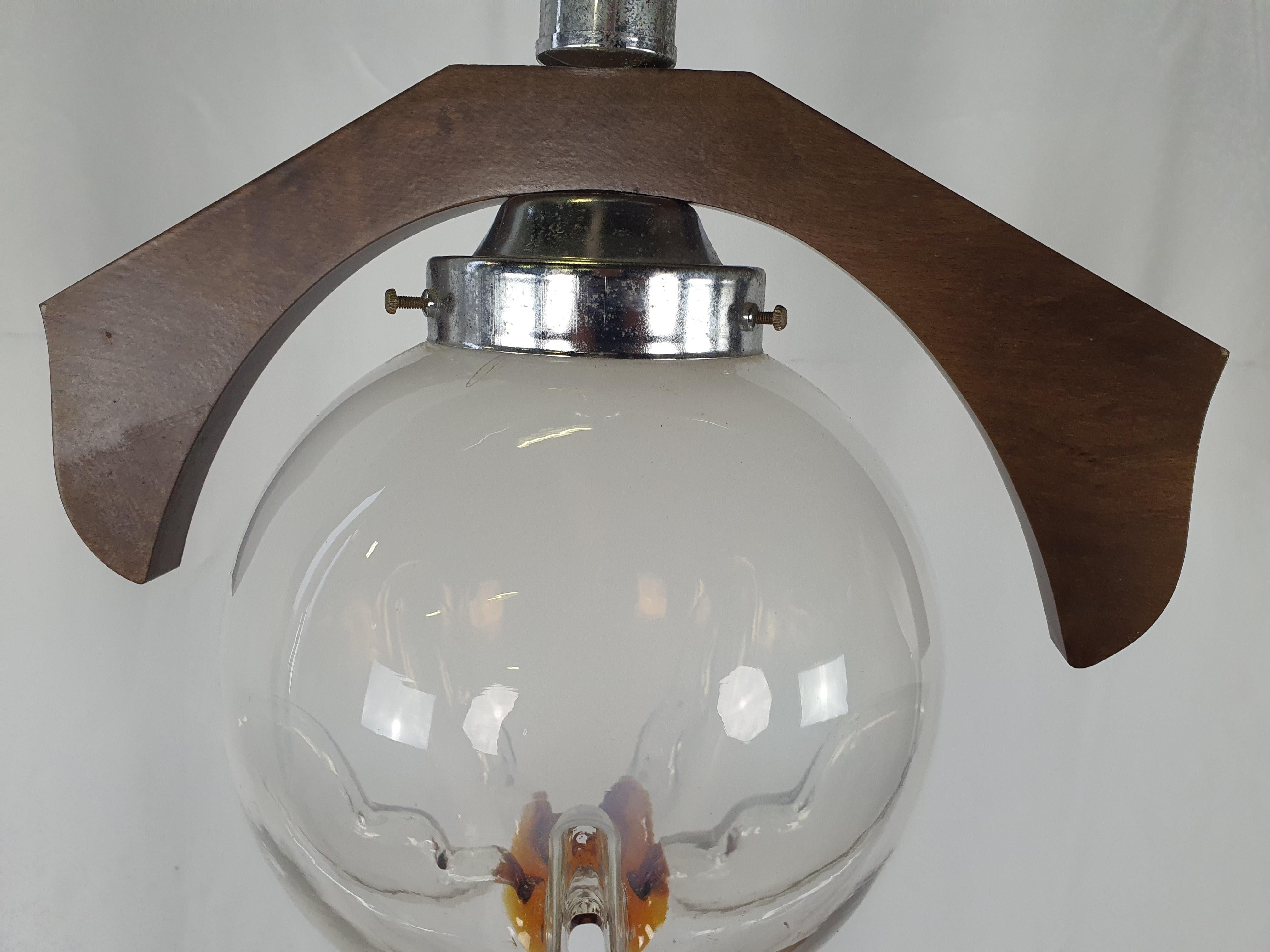 Mid-Century Modern Glass Pendant in Wood and Steel from Mazzega For Sale