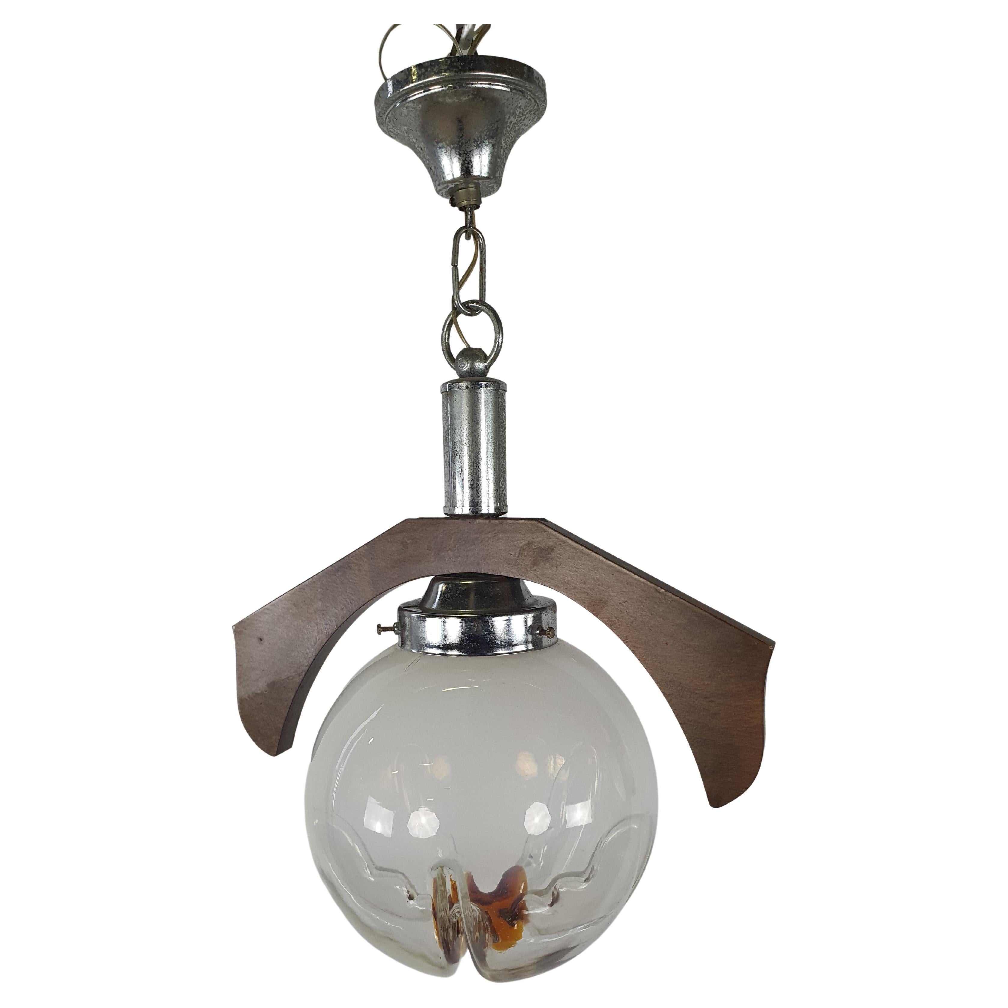 Glass Pendant in Wood and Steel from Mazzega For Sale