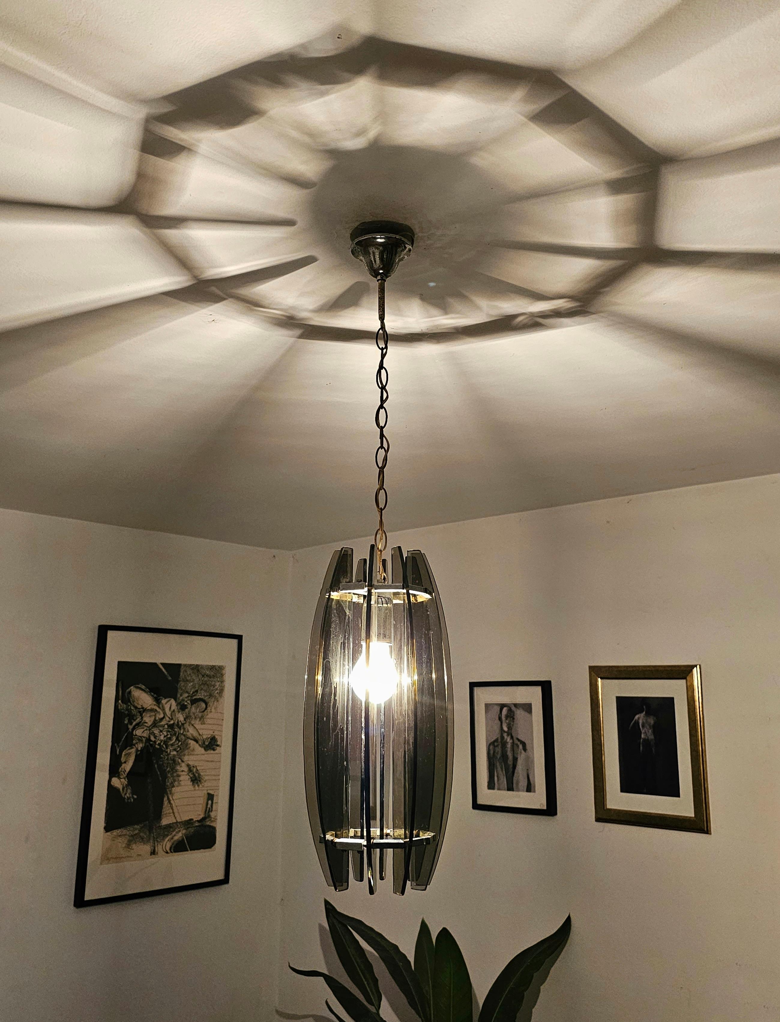 Glass Pendant Light in Chrome and Smoked Glass in Fontana Arte style, Italy 1970 For Sale 5