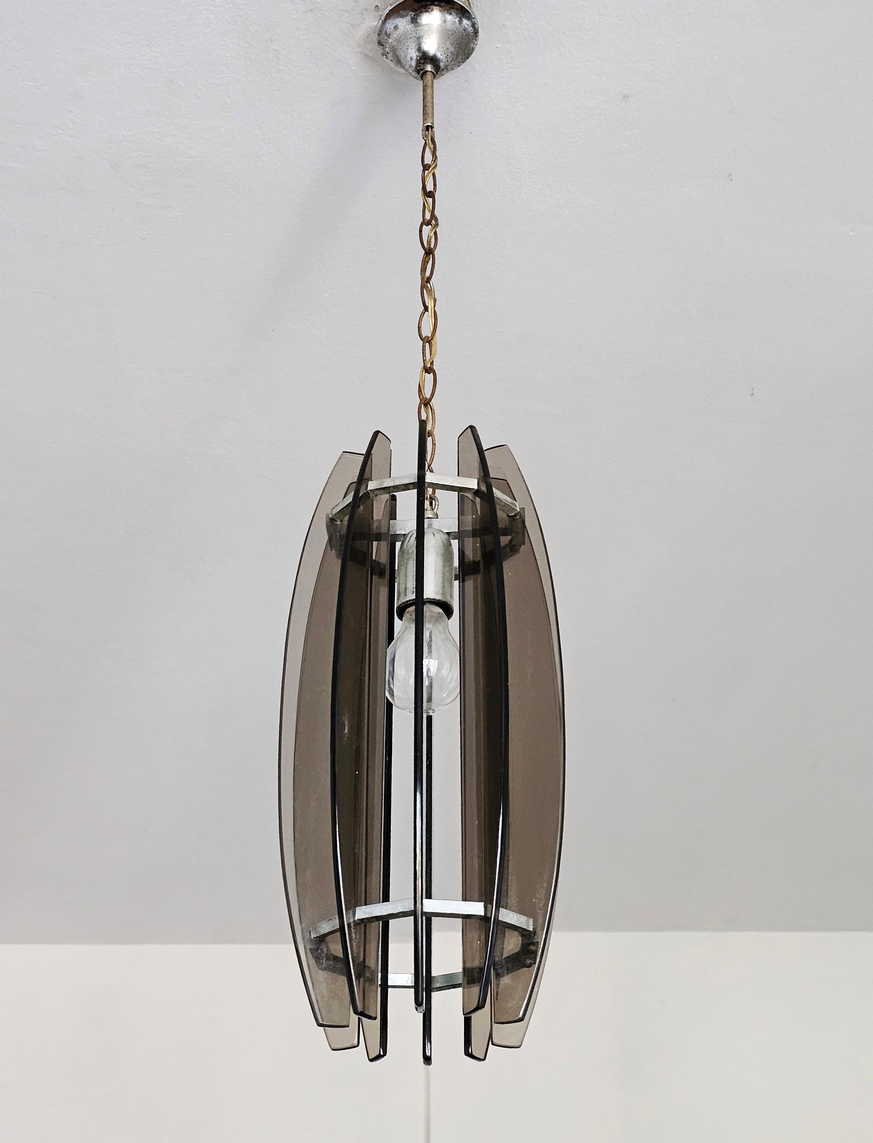 Mid-Century Modern Glass Pendant Light in Chrome and Smoked Glass in Fontana Arte style, Italy 1970 For Sale