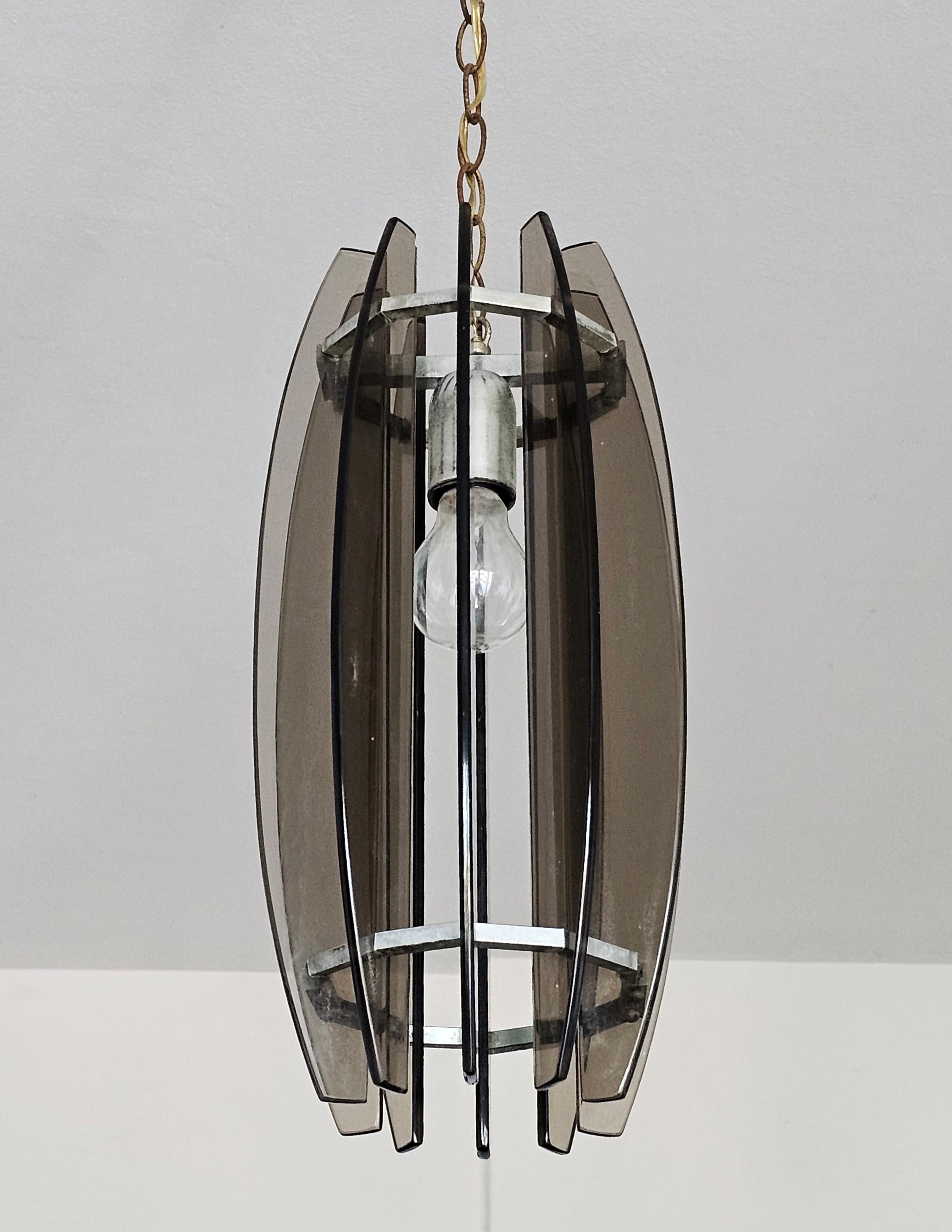 Italian Glass Pendant Light in Chrome and Smoked Glass in Fontana Arte style, Italy 1970 For Sale