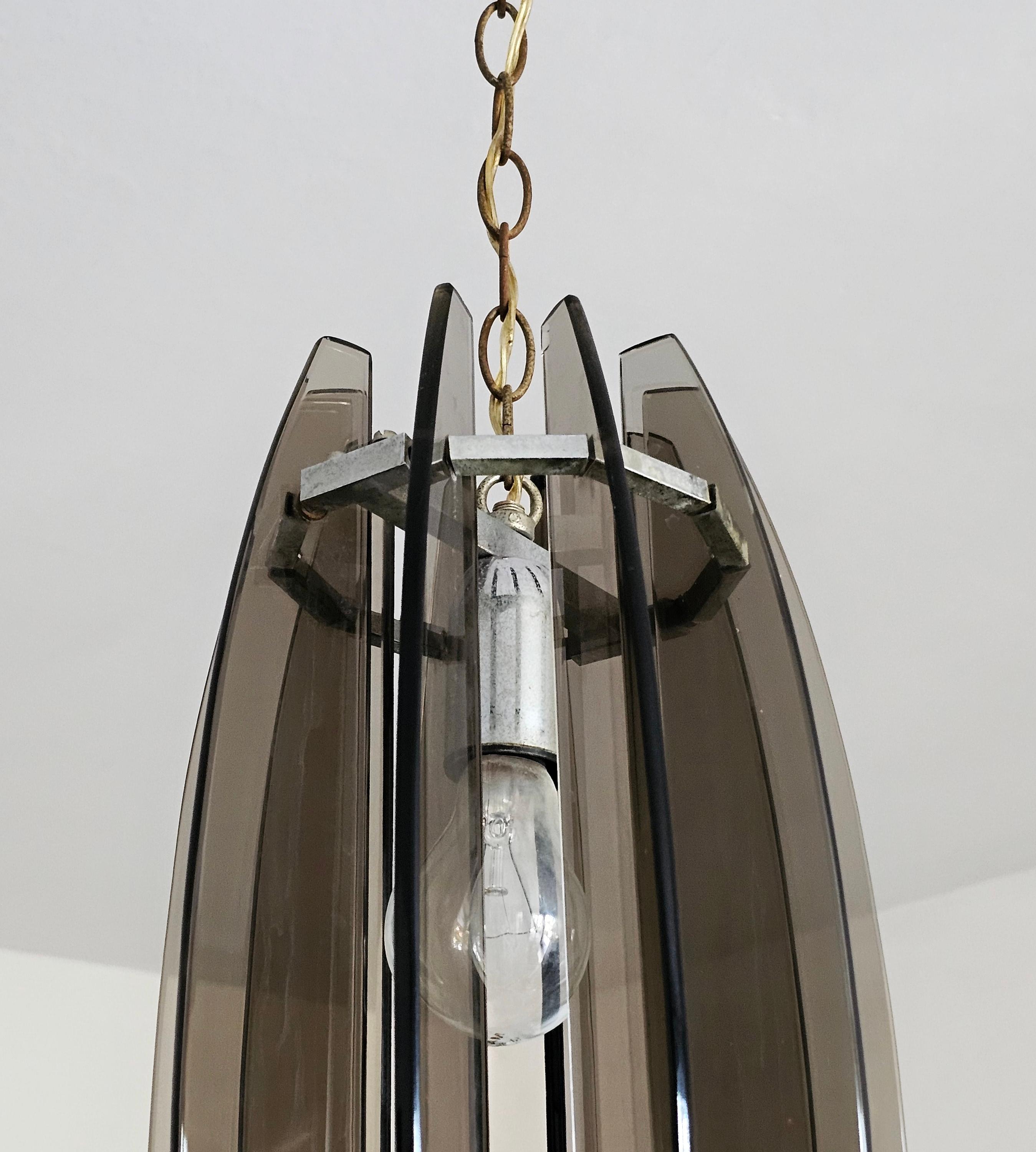 Late 20th Century Glass Pendant Light in Chrome and Smoked Glass in Fontana Arte style, Italy 1970 For Sale