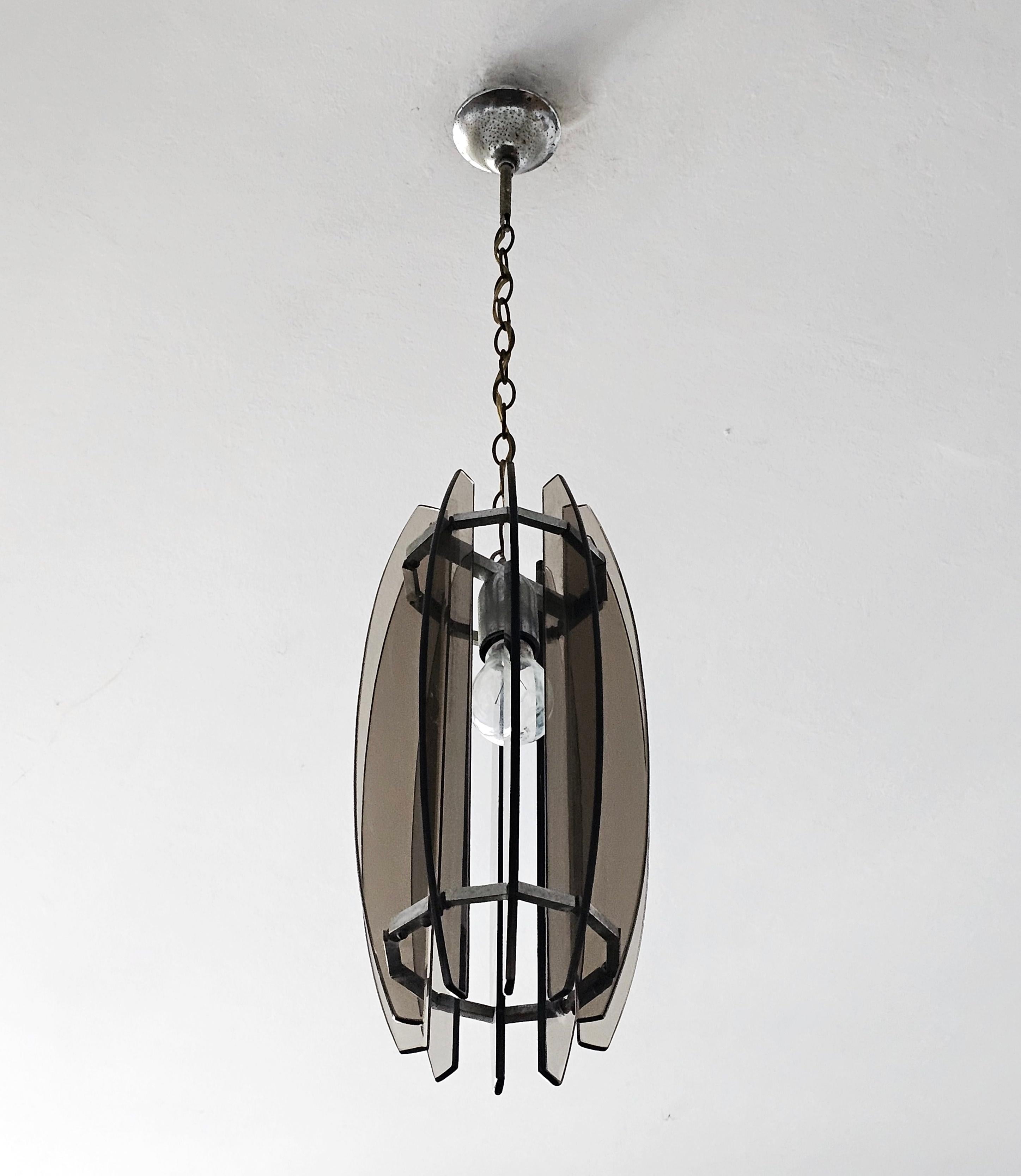 Glass Pendant Light in Chrome and Smoked Glass in Fontana Arte style, Italy 1970 For Sale 1