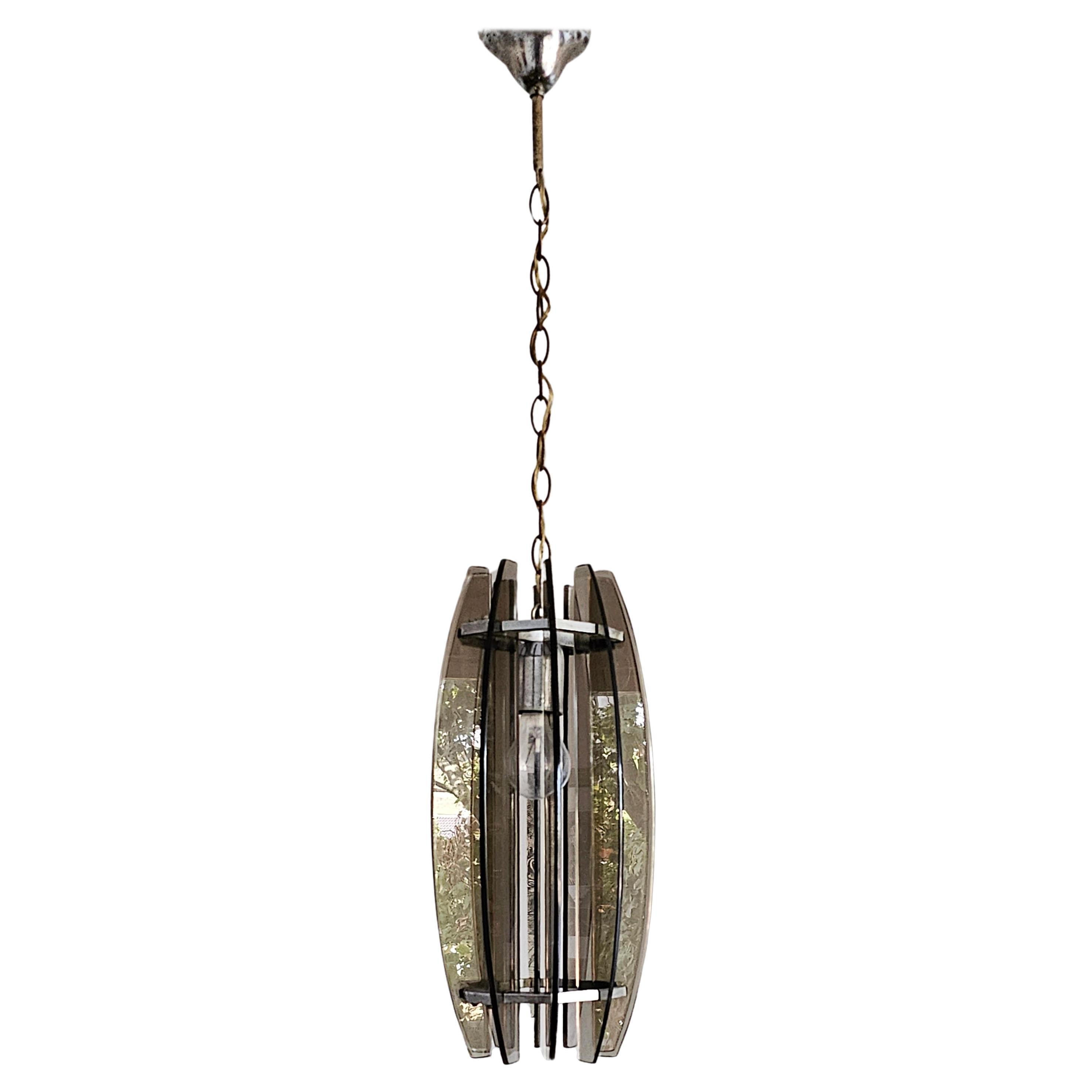 Glass Pendant Light in Chrome and Smoked Glass in Fontana Arte style, Italy 1970