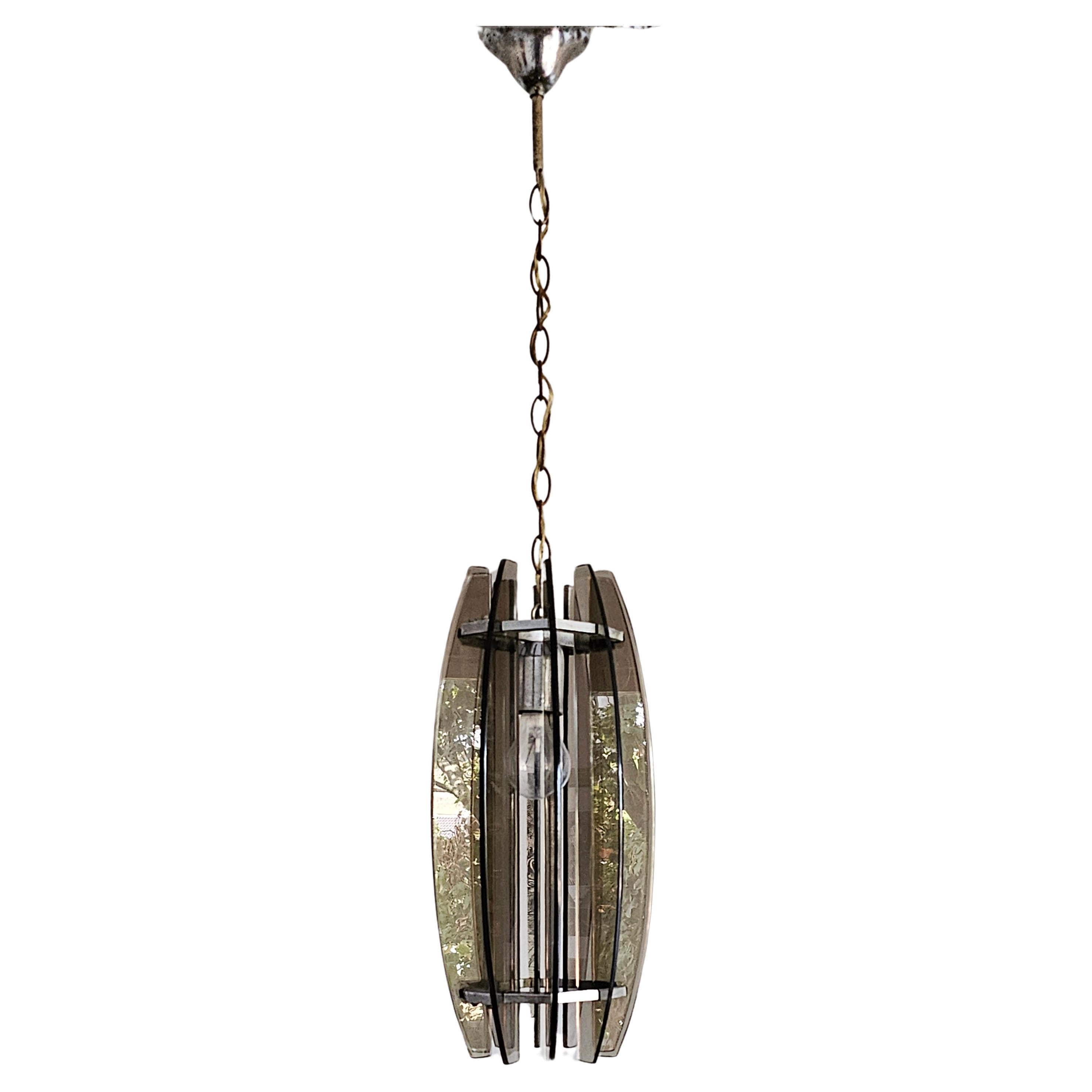 Glass Pendant Light in Chrome and Smoked Glass in Fontana Arte style, Italy 1970