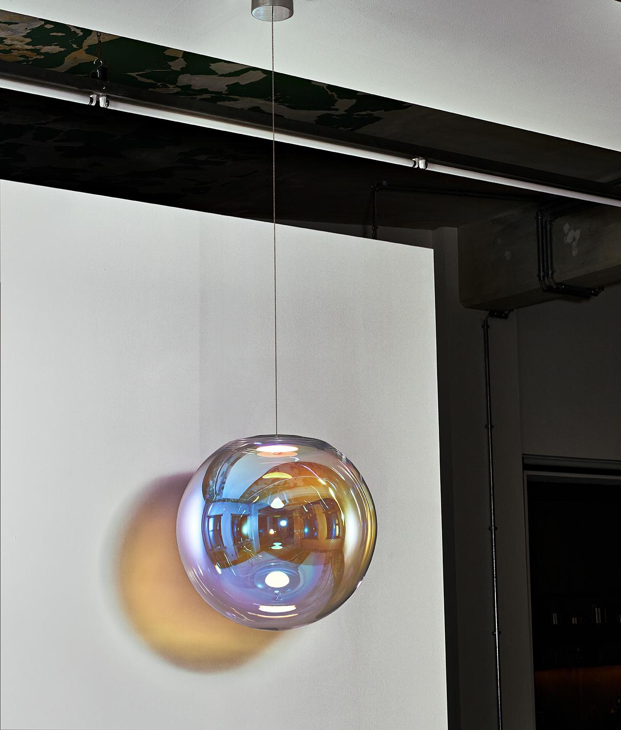 German Iris Globe Pendant Lamp 25 cm Blue Orange Steel,  Sebastian Scherer NEO/CRAFT For Sale