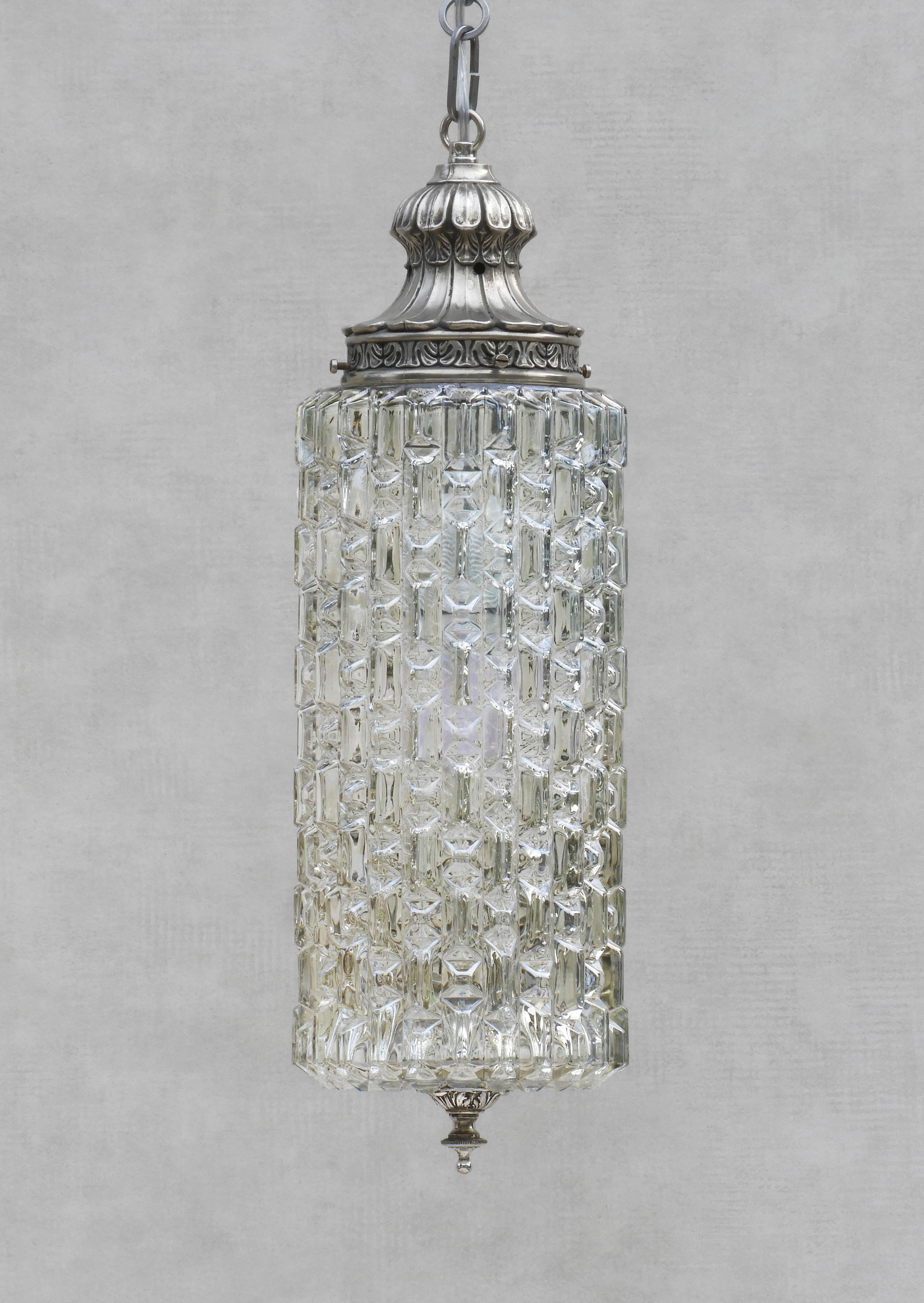 Mid Century French Textured Glass Pendant Light Lantern C1950 In Good Condition For Sale In Trensacq, FR