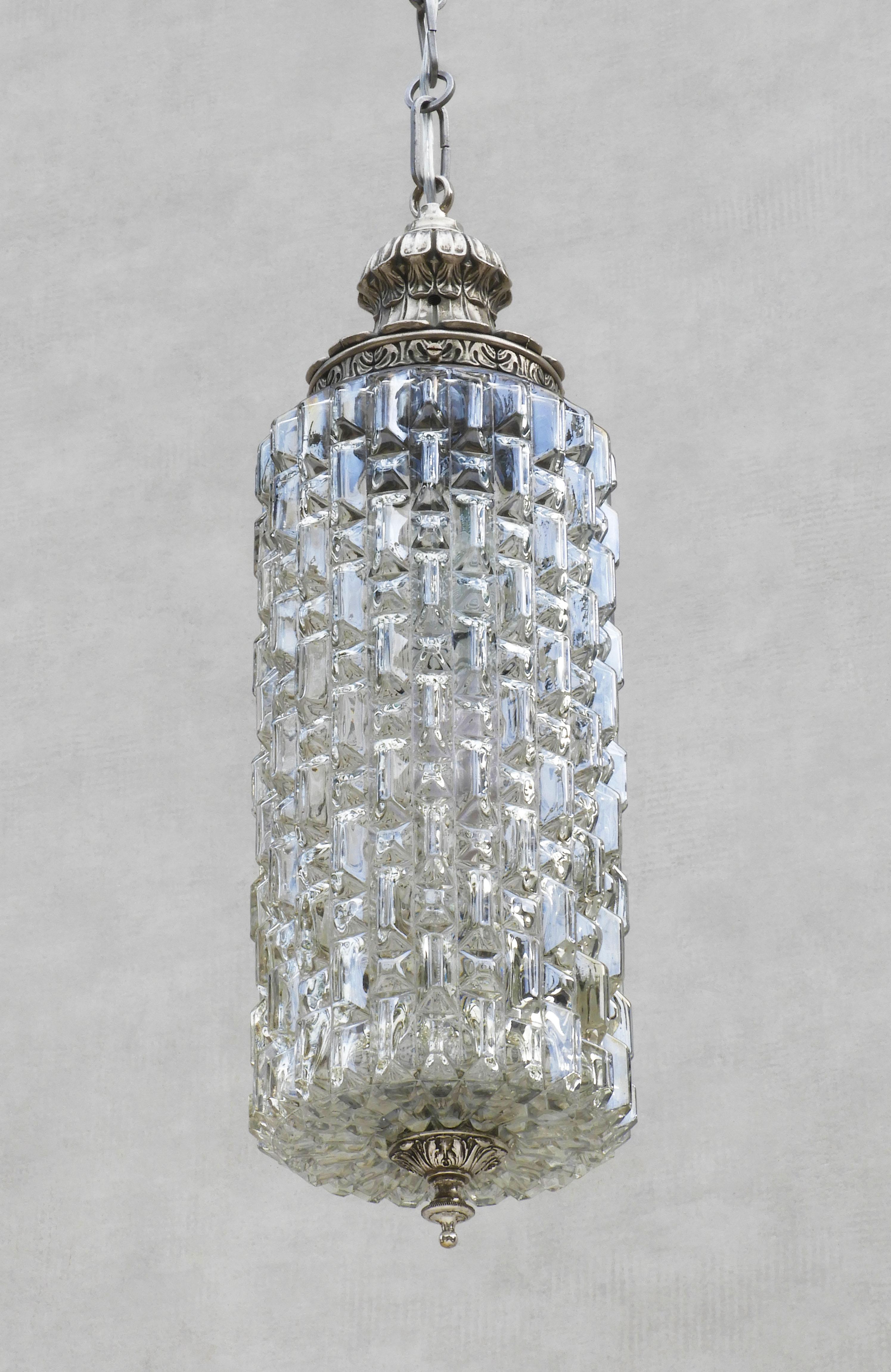 20th Century Mid Century French Textured Glass Pendant Light Lantern C1950 For Sale