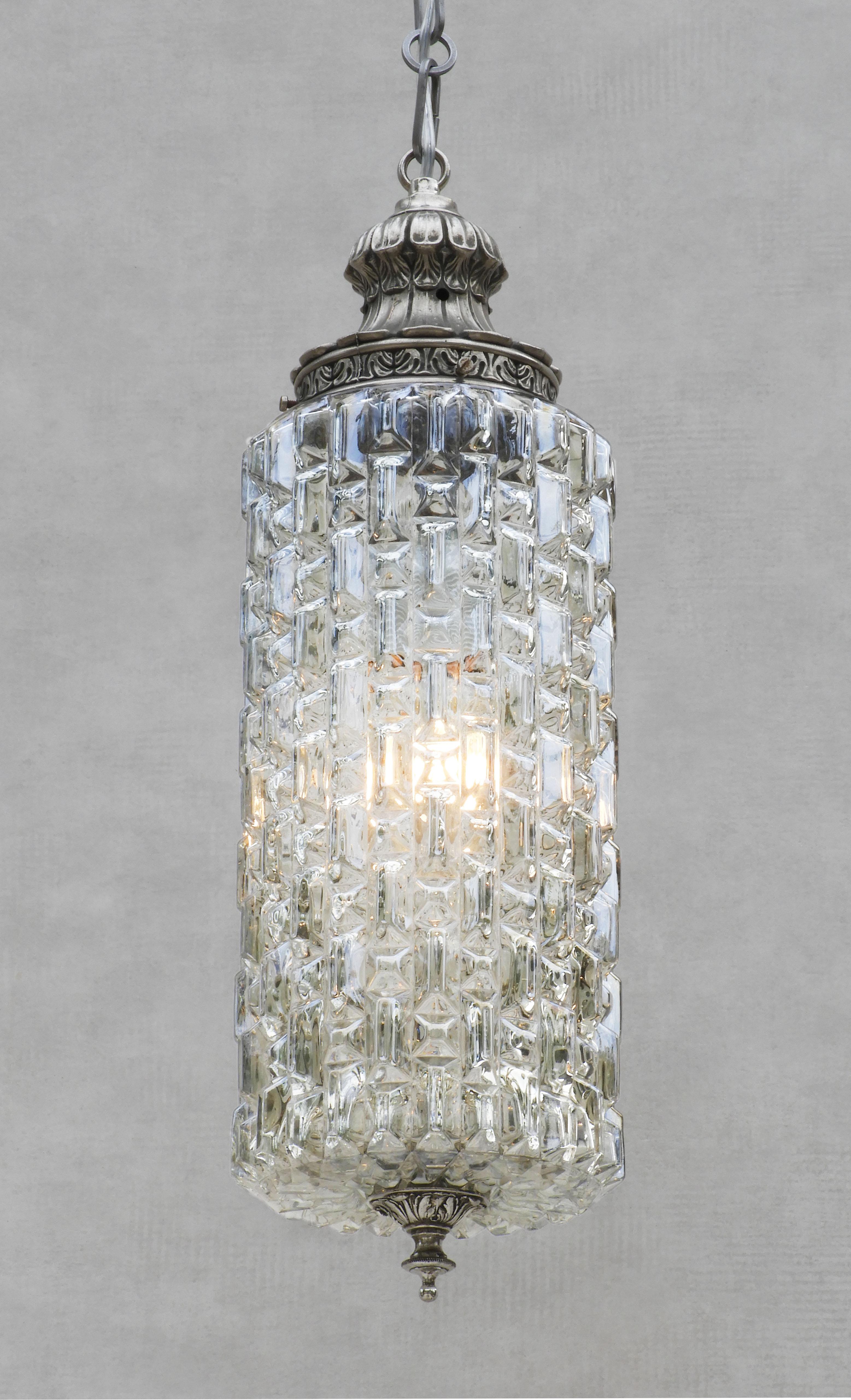 Metal Mid Century French Textured Glass Pendant Light Lantern C1950 For Sale