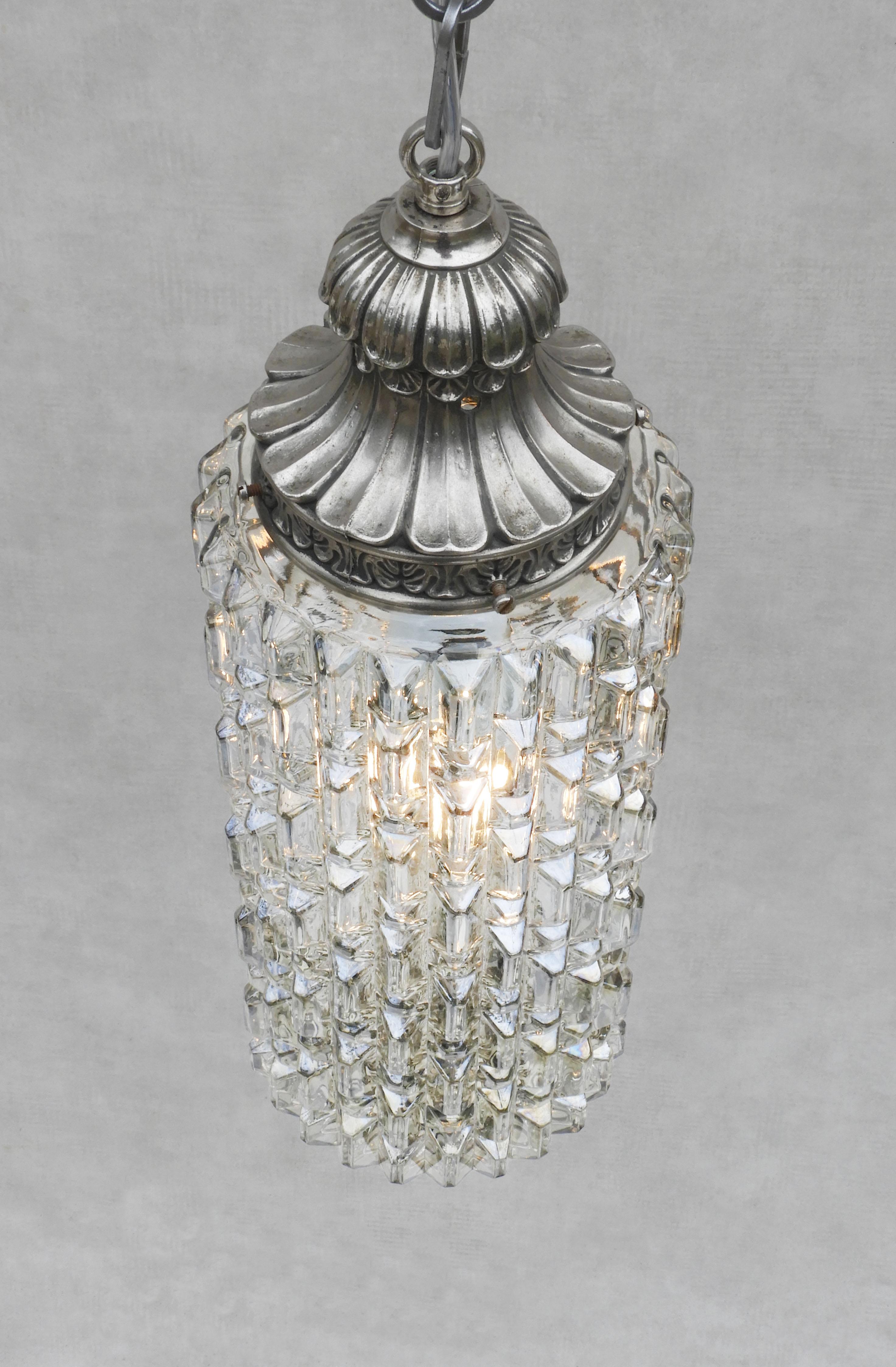 Mid Century French Textured Glass Pendant Light Lantern C1950 For Sale 1
