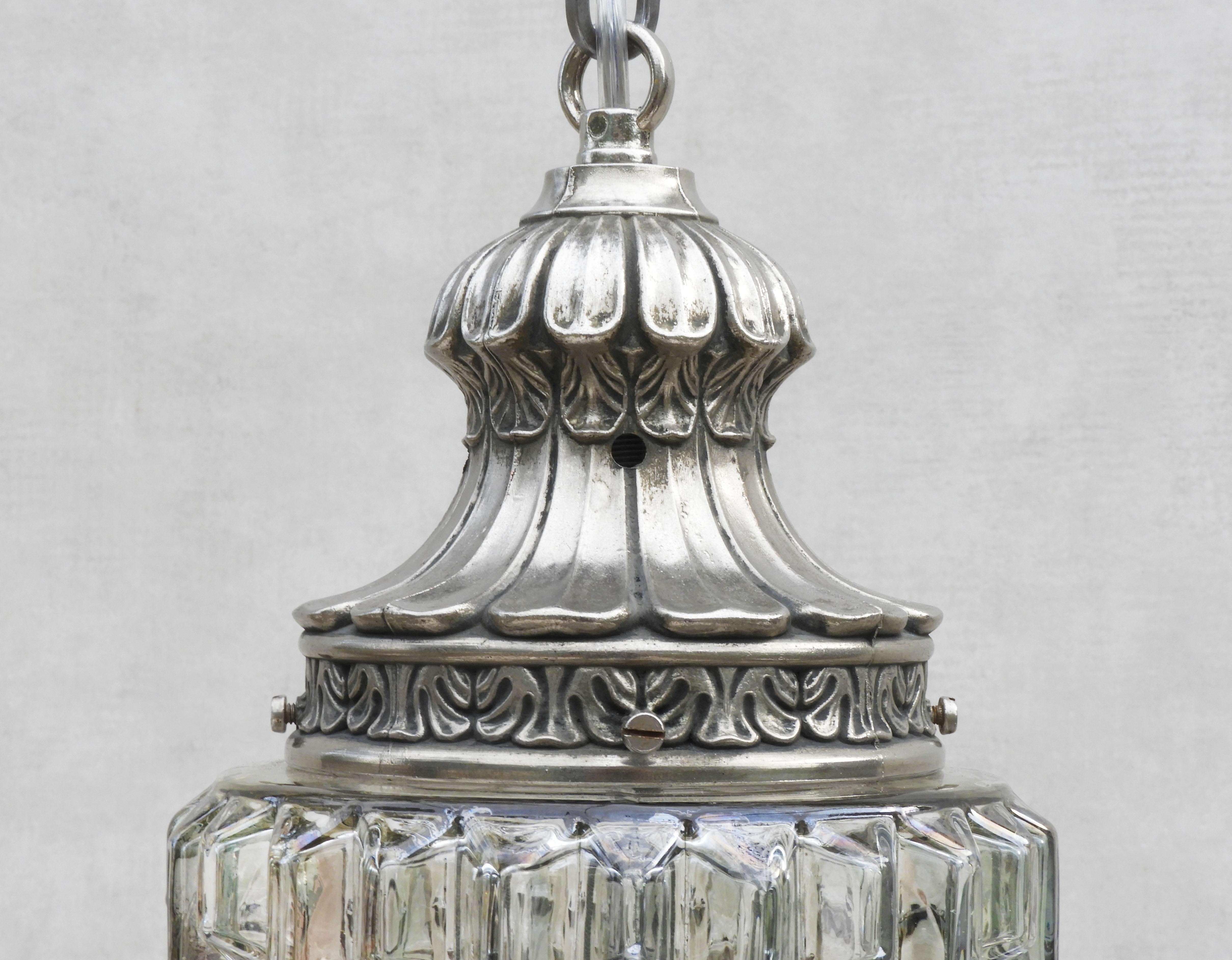 Mid Century French Textured Glass Pendant Light Lantern C1950 For Sale 2