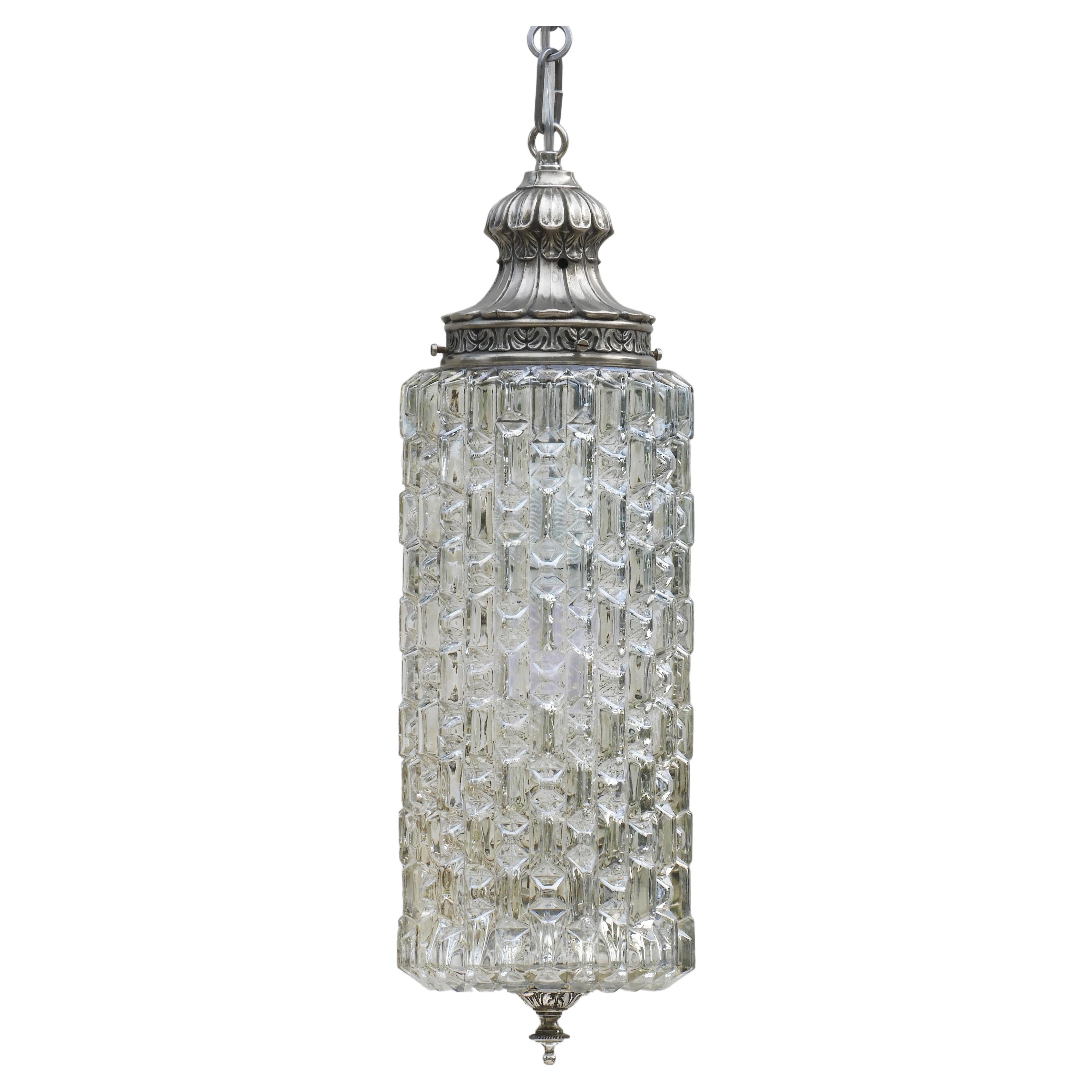 Beautiful mid-century glass pendant light lantern c1950 France. Unusual cylindrical glass lantern, heavily textured with a subtle iridescent shine. In very good vintage condition with nice patina and no losses to glass. Rewired with all new