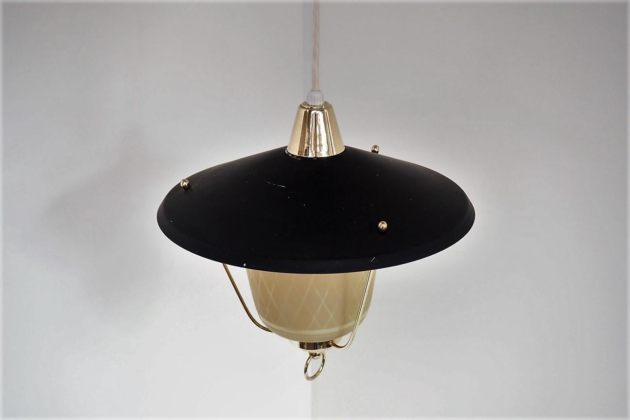 Painted Glass Pendant with Black Shade & Brass Details - Danish Vintage from the 1940s For Sale