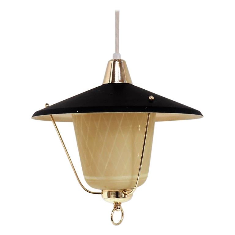 Glass Pendant with Black Shade & Brass Details - Danish Vintage from the 1940s im Angebot