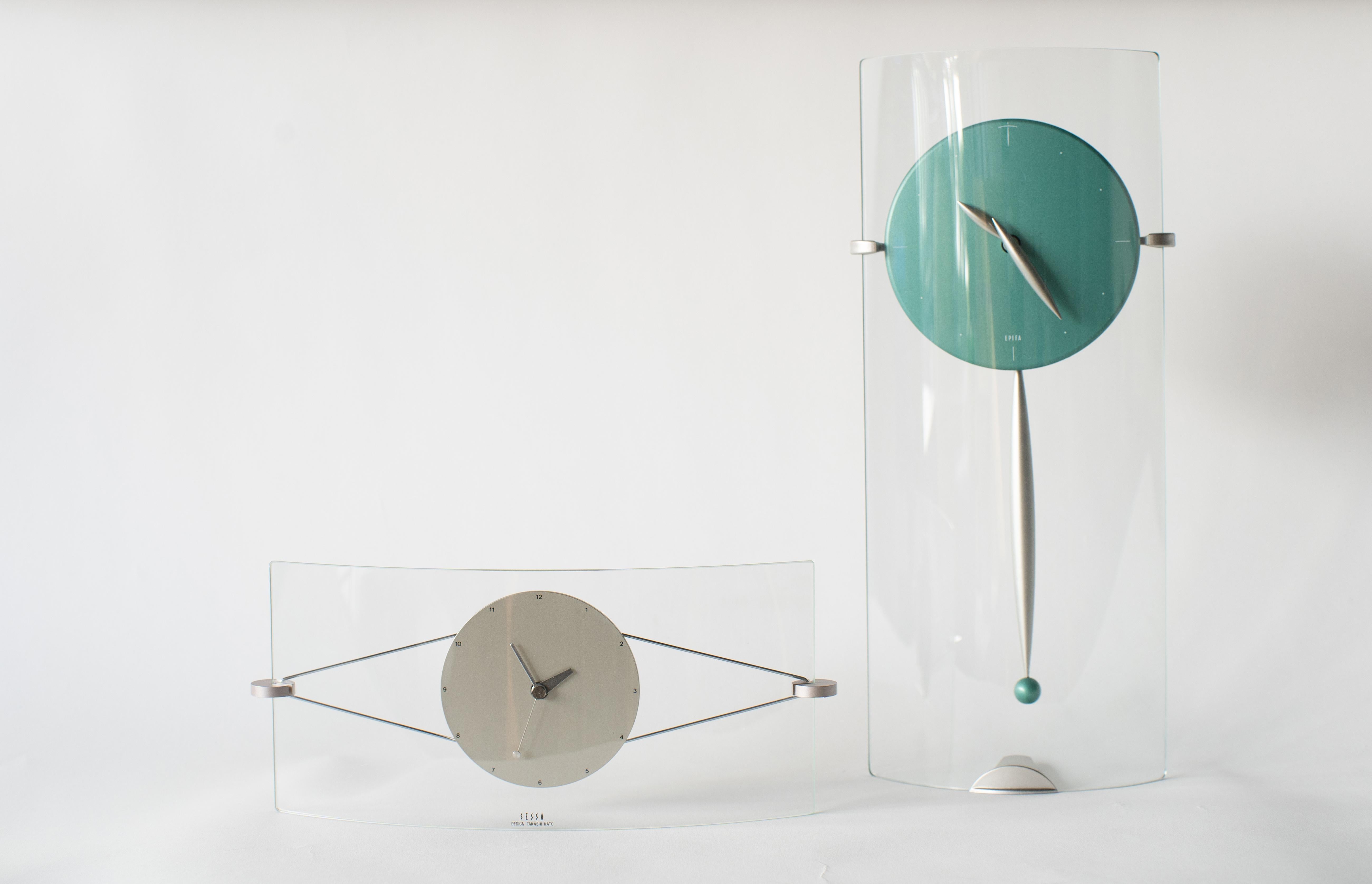 Post-Modern Glass Pendulum Clock Takashi Kato Postmodern, 1980s Japanese Design For Sale