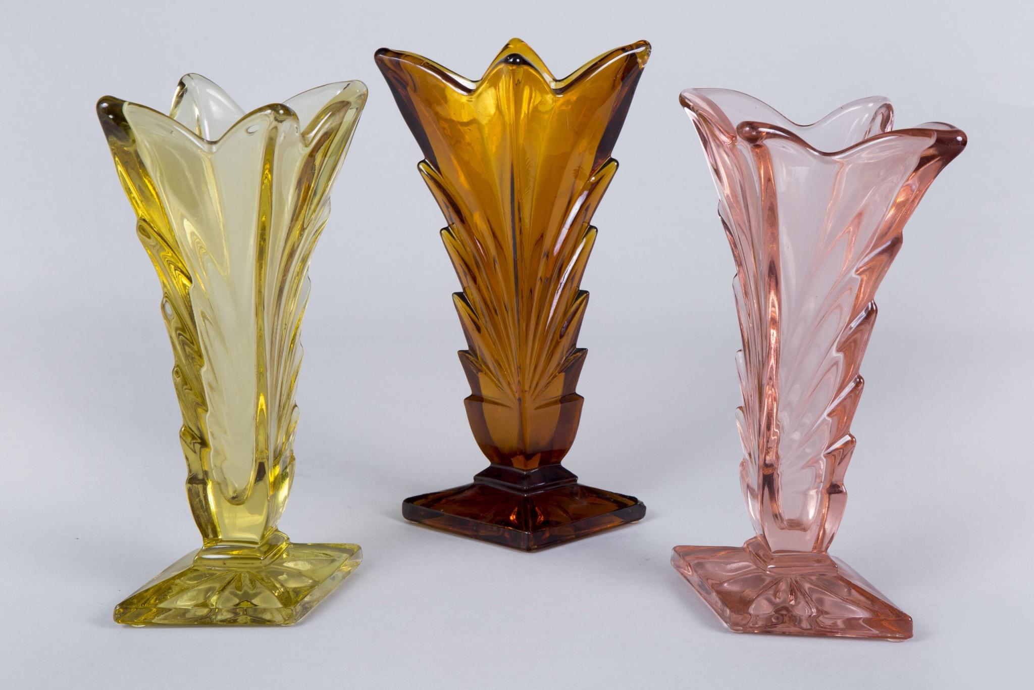 Glass Pink Yellow and Orange Vases Made in Bohemia, Original Condition, Art Deco For Sale 9