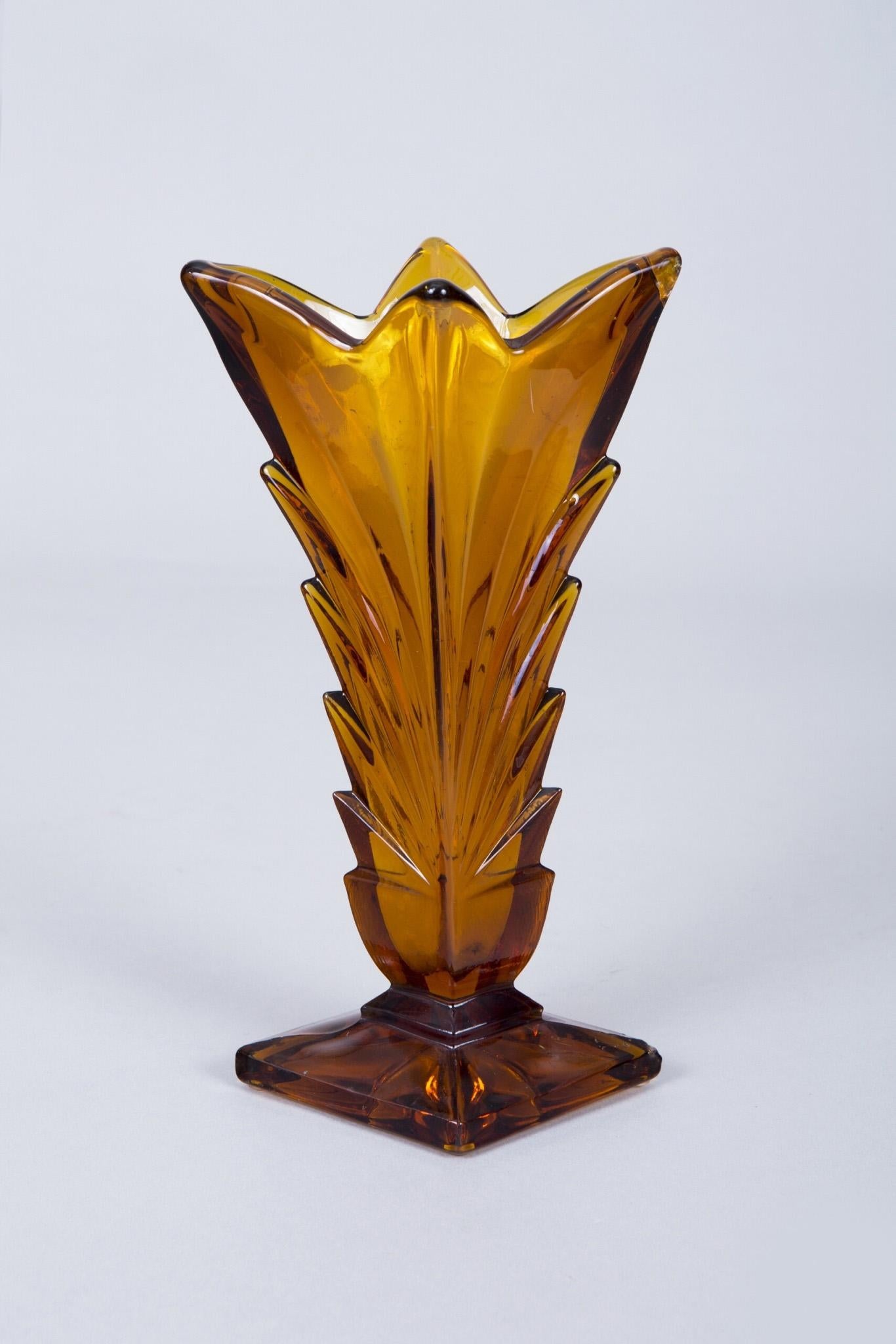 Czech Glass Pink Yellow and Orange Vases Made in Bohemia, Original Condition, Art Deco For Sale