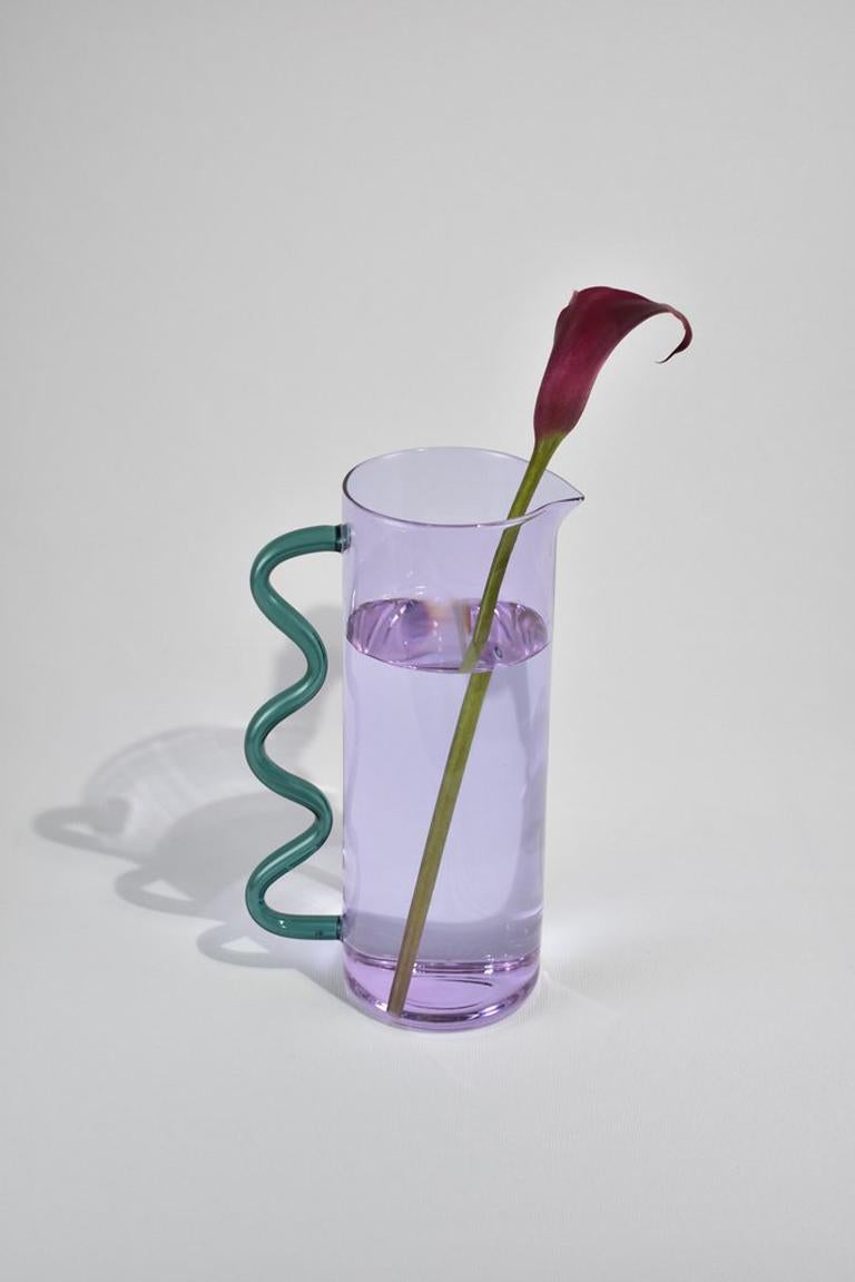 American Glass Pitcher in Lilac with a Teal Wavy Handle