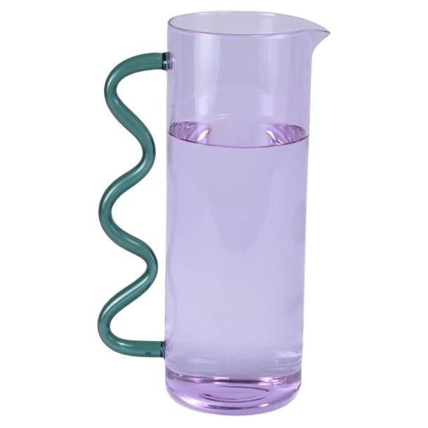Glass Pitcher in Lilac with a Teal Wavy Handle