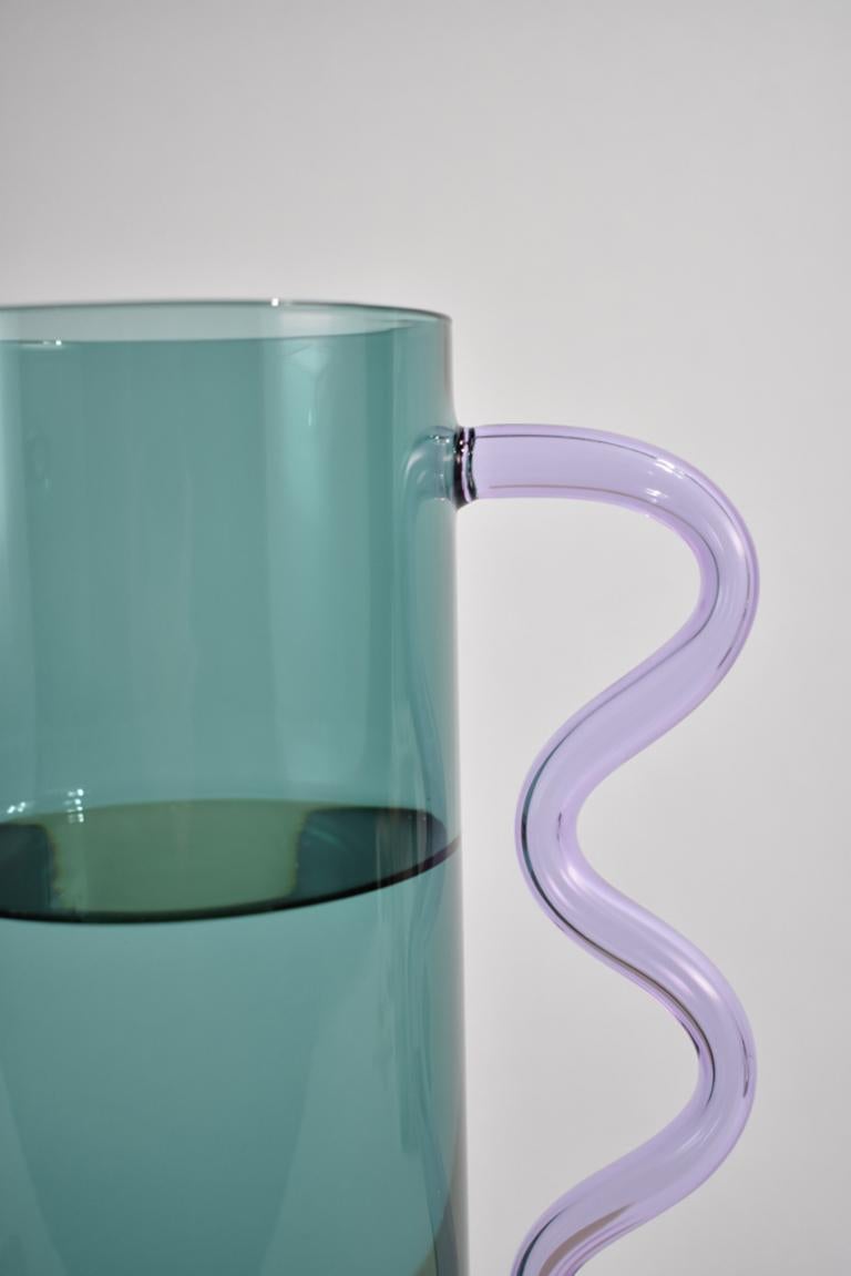American Glass Pitcher in Teal with a Lilac Wavy Handle
