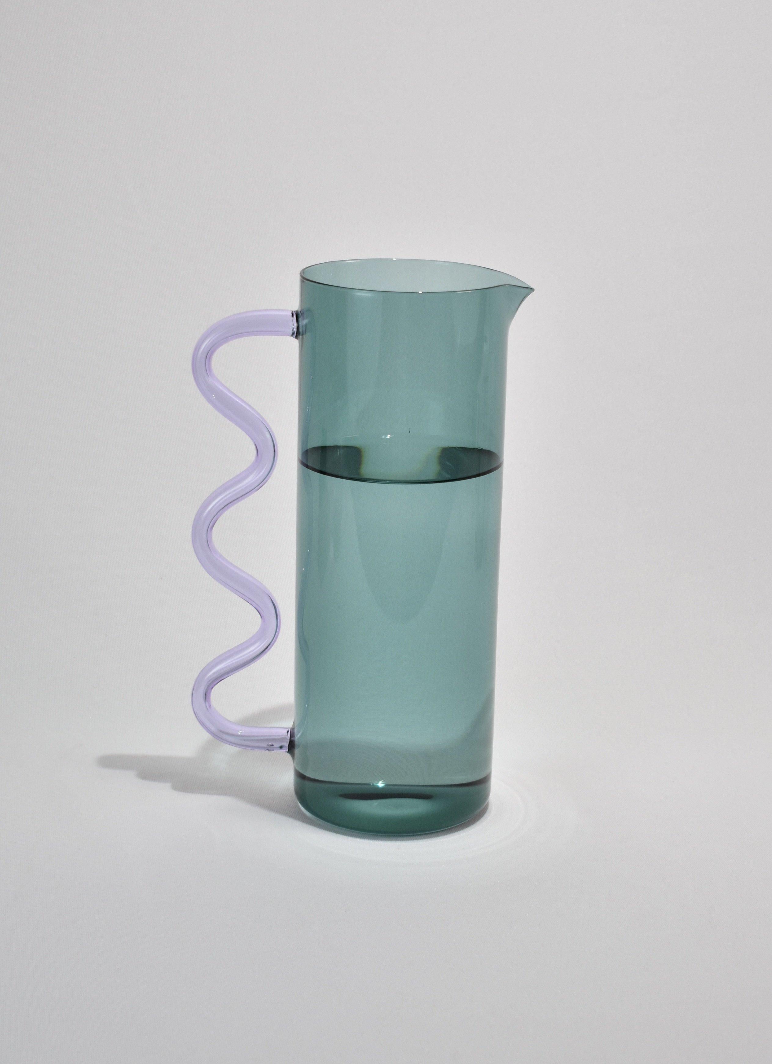 Hand-Crafted Glass Pitcher in Teal with a Lilac Wavy Handle