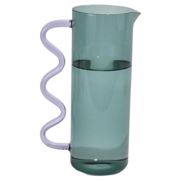 Glass Pitcher in Teal with a Lilac Wavy Handle