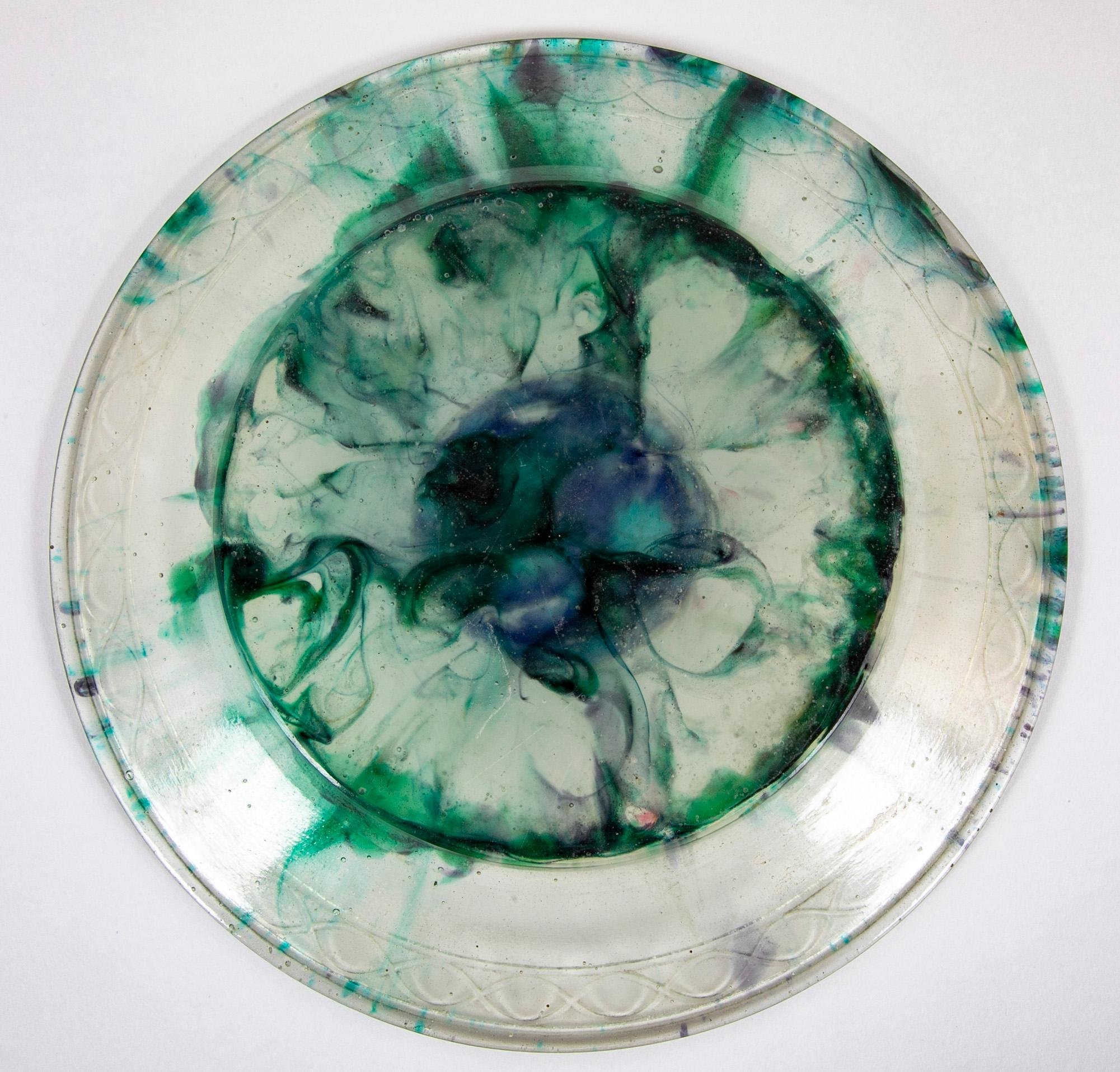 Glass Plate in Green, Blue, and Violet by Gabriel Argy In Good Condition For Sale In Stamford, CT