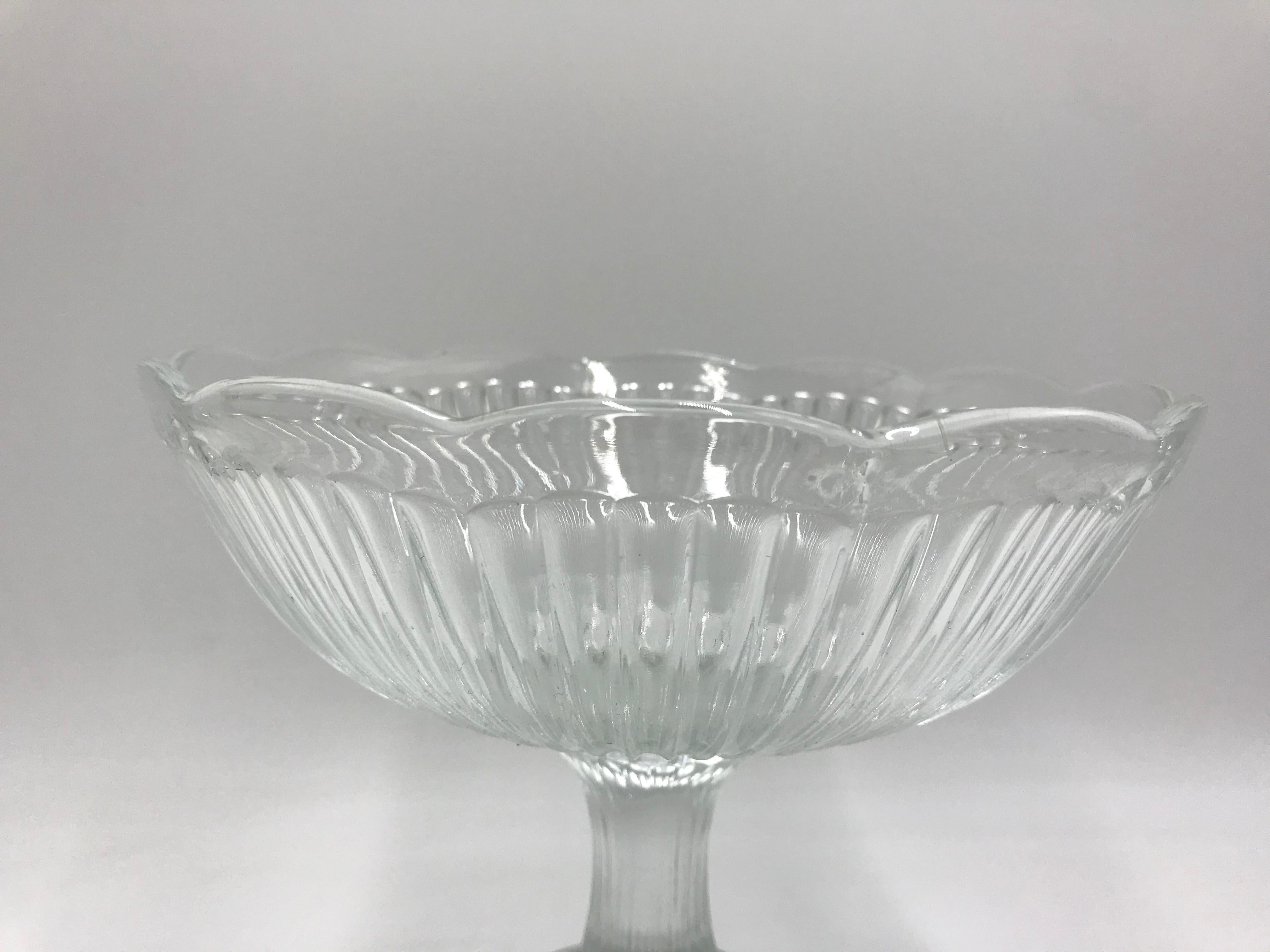 Clear platter for sweets or fruits. 
Made of glass. 
Produced in Poland in 1960s. 
Excellent condition. 
Measures: Height : 21 cm Diameter : 22 cm.