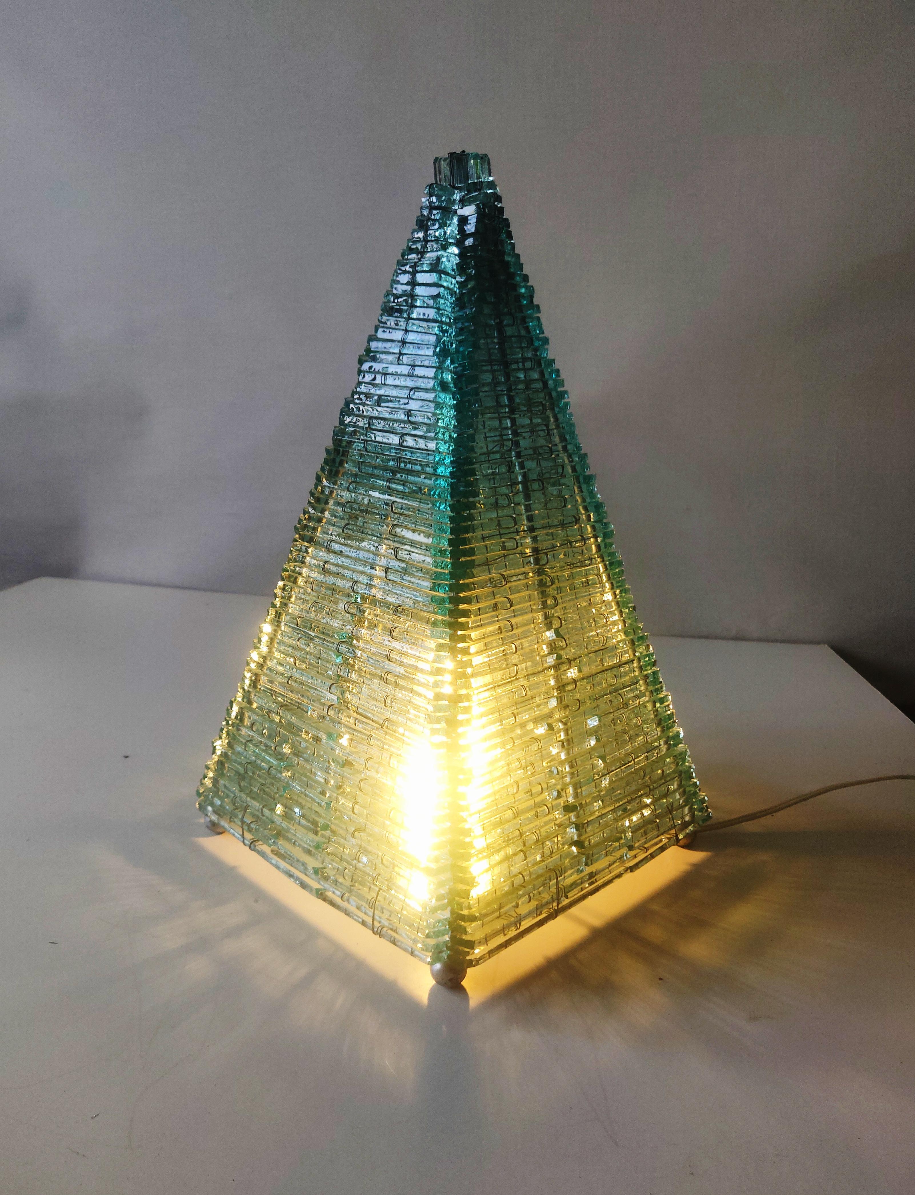 French Glass Pyramid Sculptured Table Lamp France, 1970s For Sale
