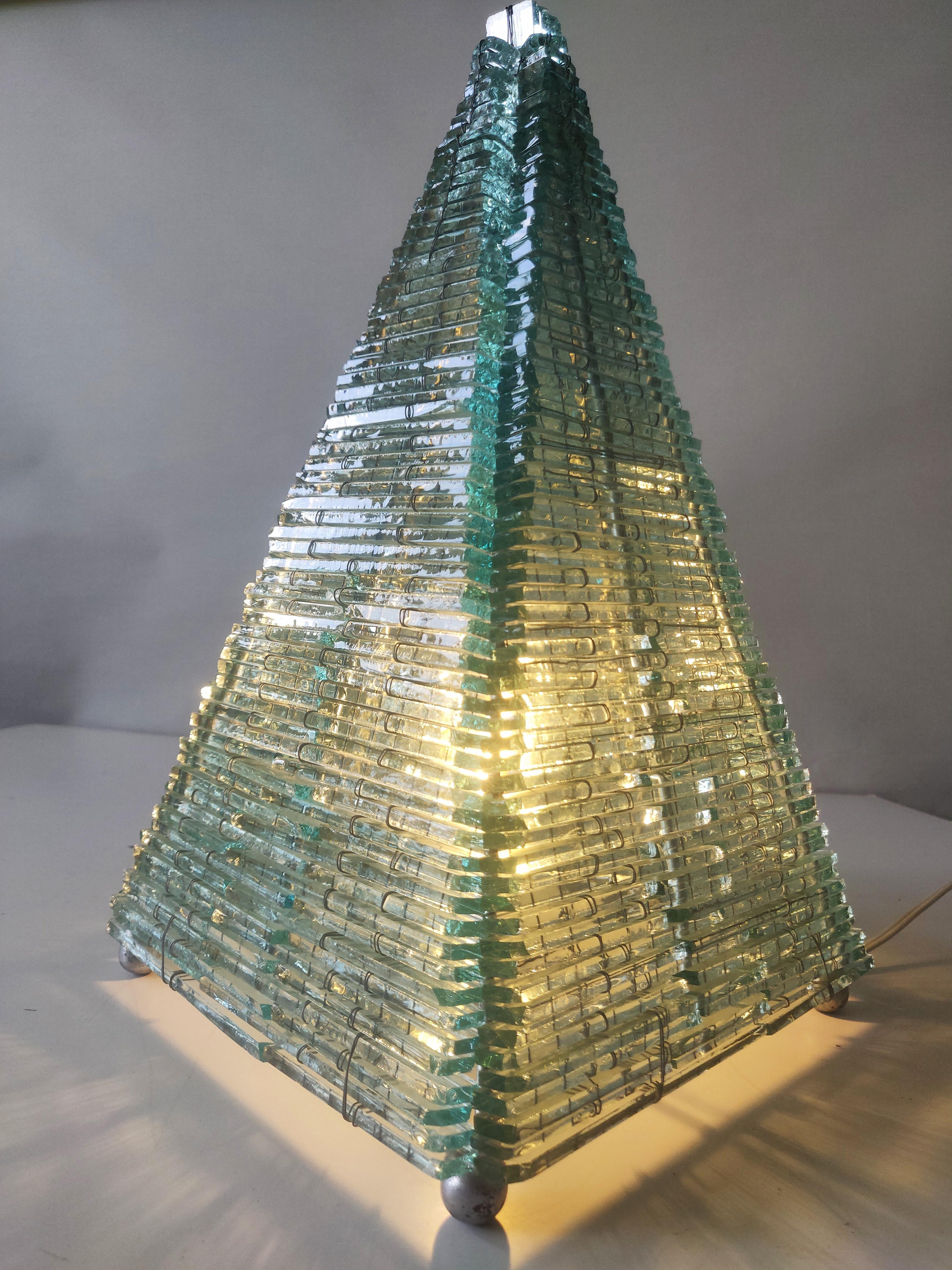 Late 20th Century Glass Pyramid Sculptured Table Lamp France, 1970s For Sale