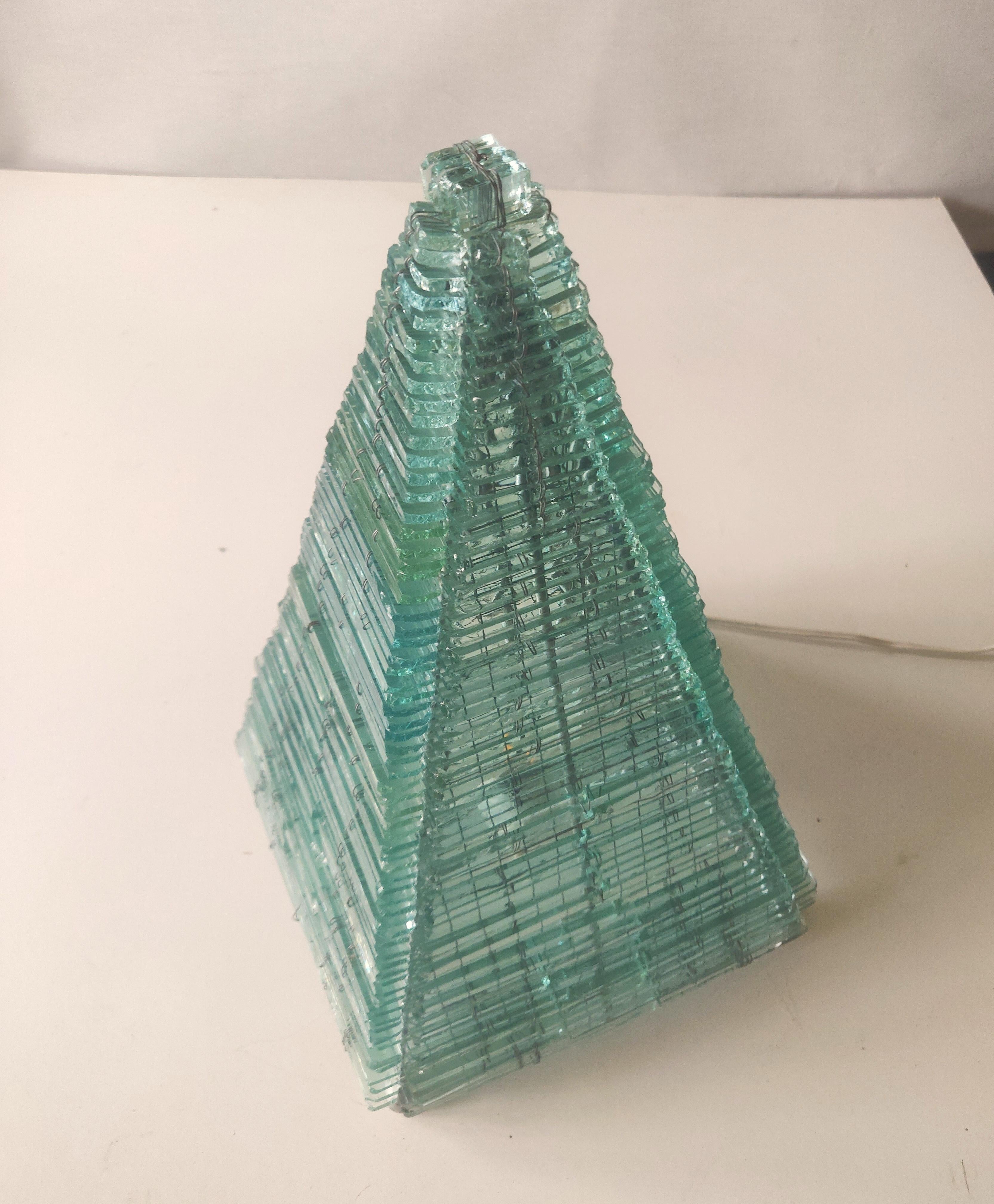 Metal Glass Pyramid Sculptured Table Lamp France, 1970s For Sale